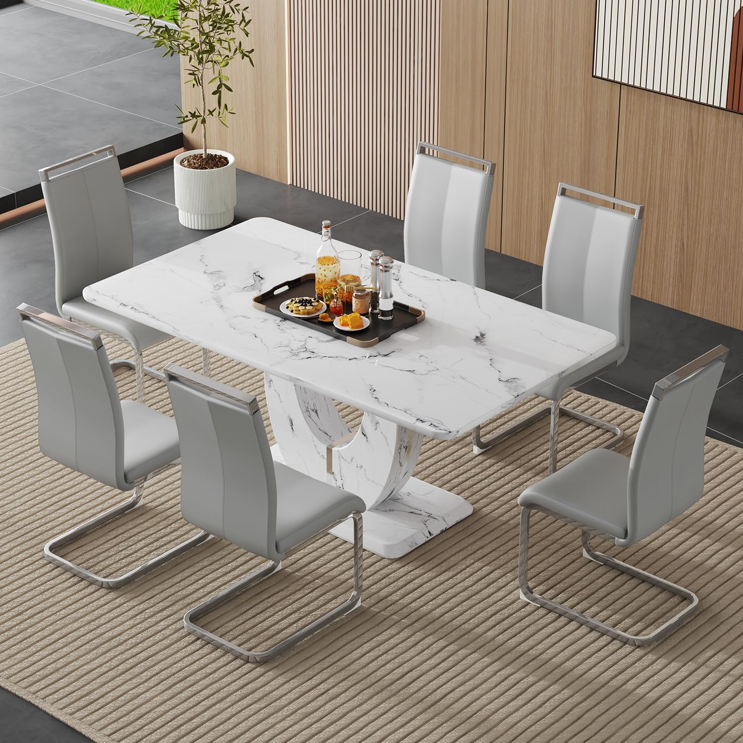 hohoedc 63" Dining Table Set for 6, White Faux Marble Table with 6 PU Leather Upholstered Chairs, Modern Rectangle Kitchen Table & 6 Seater Dining