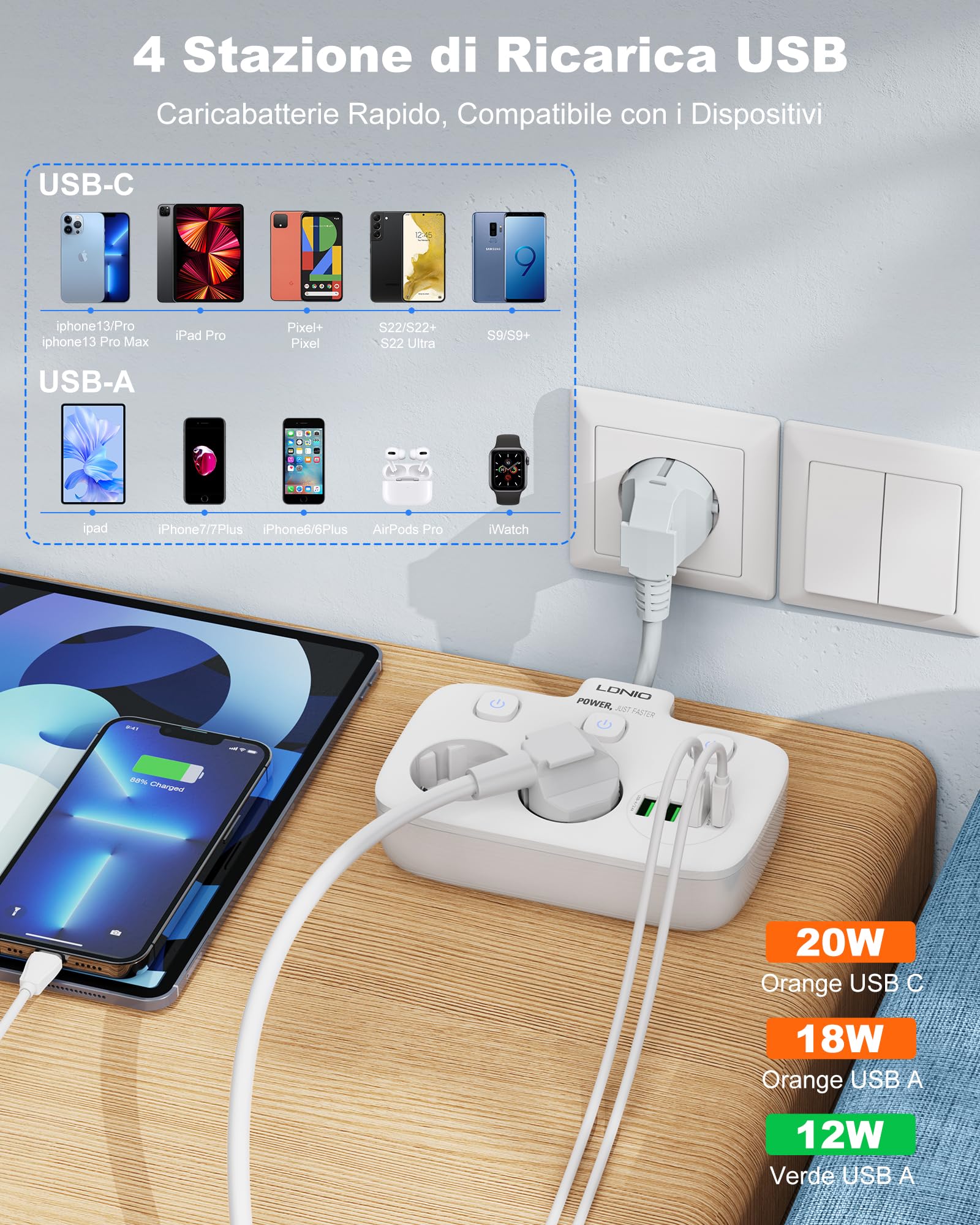 LDNIO Ciabatta Multipresa con USB C, Multipla Elettrica con 2 prese(Tedesca Spina)+3 Porte USB+1 Type C, Prese Multipresa con 3 interruttori indipendenti, Perfetto per Ufficio, Casa