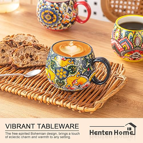 Miniatura 5 de Henten Home Juego de 6 tazas de porcelana con leche, tazas de café coloridas de 20 onzas con asa, taza de cerámica bohemia para capuchino, leche,