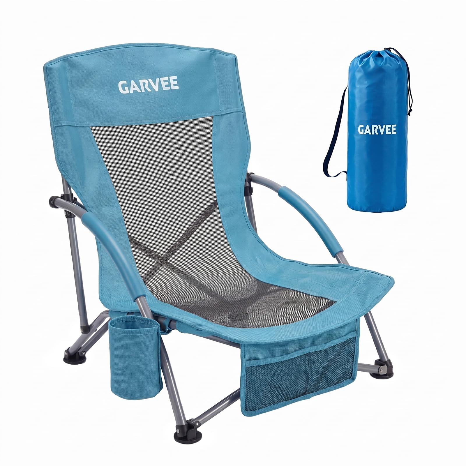 Lightweight Low Folding Beach Chair 1PC, Extra Wide Seat Camping Chair with Cup Holder Storage Pocket, Steel Frame 136KG Load Capacity, Portable Outdoor Chair with Carry Bag for Beach Garden, Blue