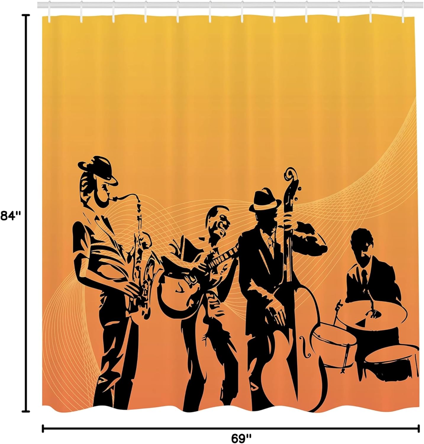 Ambesonne Jazz Music Shower Curtain, Silhouette of Jazz Quartet Performing on Stage Acoustic Passion Old Style Art, Cloth Fabric Bathroom Decor Set with Hooks, 69" W x 84" L, Mustard Black