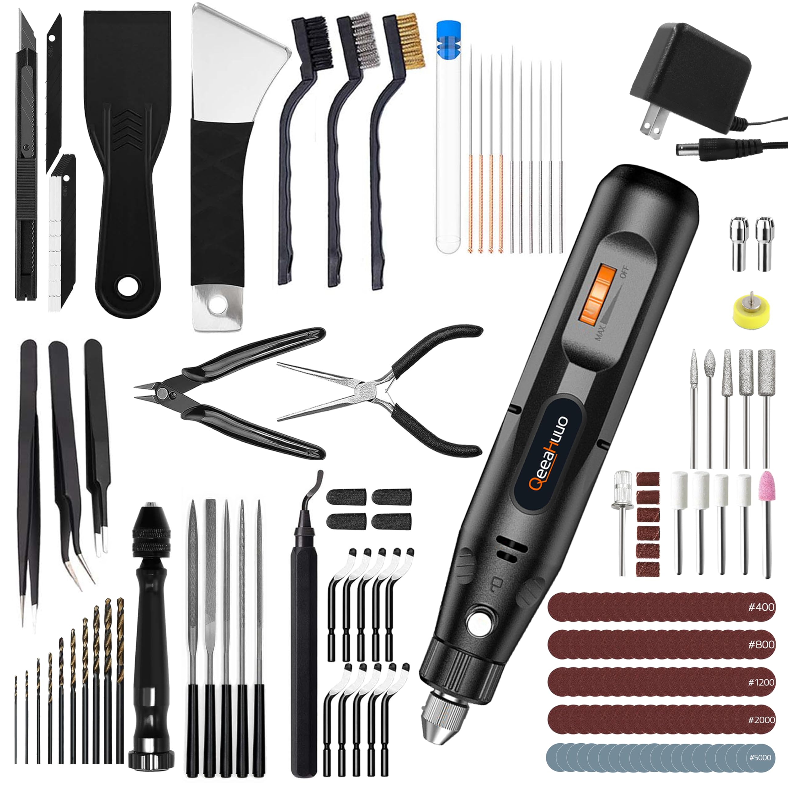 QeeaHuuo 3D Printer Tool Kit Essential, Stepless Speed Rotary Polisher, 121pcs Accessories, 48 Tools, Carbon Steel, 16000RPM, Polishing, Deburring, Sanding, Cleaning, Trimming, Drilling