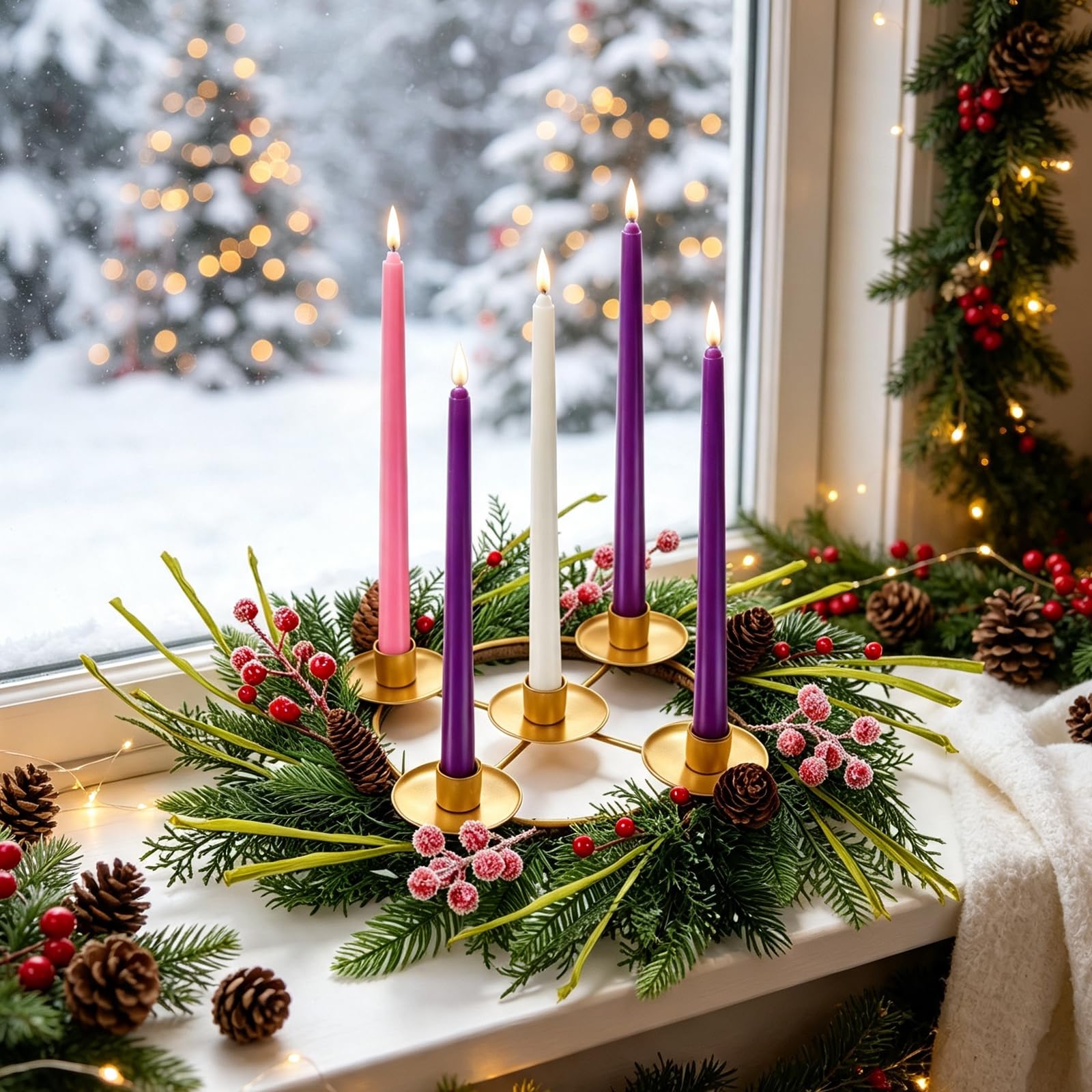 Lot de 6 couronnes de l'Avent de Noël avec 5 bougies artificielles sans