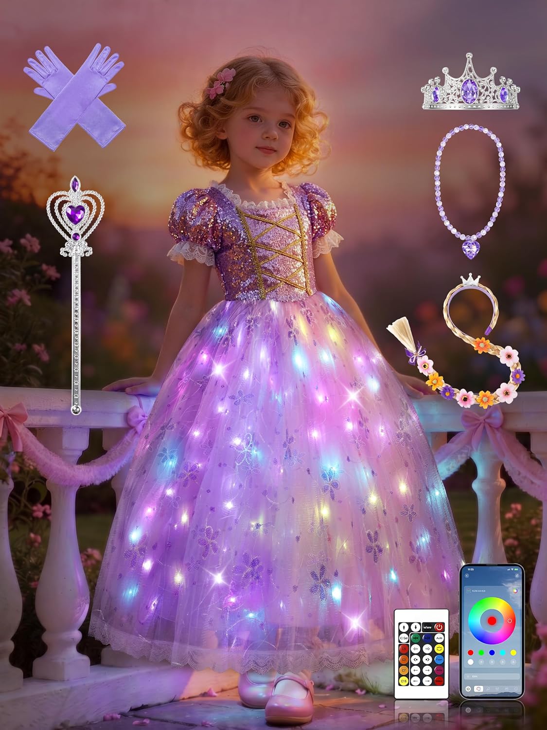 Princess Costume for Girls, RGB Light Up Princess Dress Up Syncs Music App Control with Accessories for 3-9 Girls