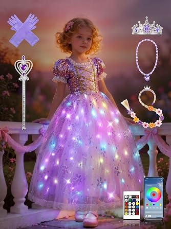 Princess Costume for Girls, RGB Light Up Princess Dress Up Syncs Music App Control with Accessories for 3-9 Girls