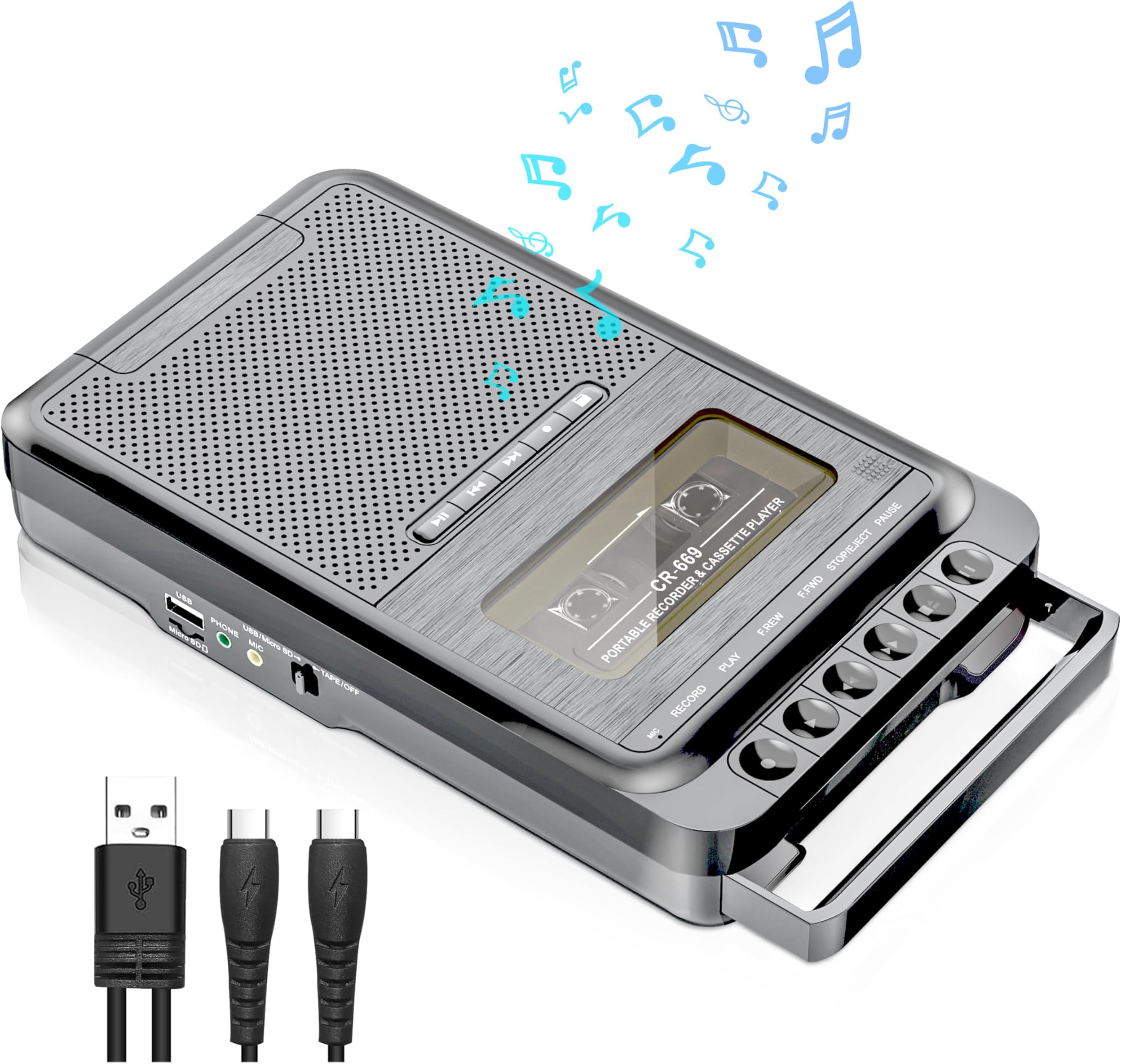 Gracioso Portable Cassette Player and Recorder, Tape Player/Recorder with AM/FM,Loud Build-in Speaker,Microphone,3.5mm Earphone Jack,Powered by AC or AA Battery for Gift,Home, headphone