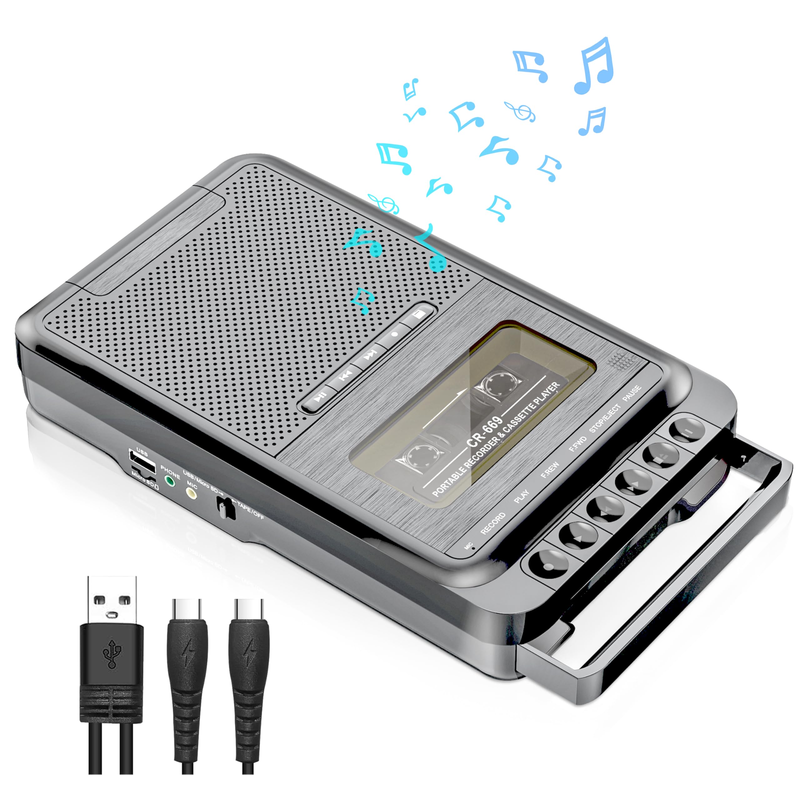 Portable Cassette Player and Recorder, Tape Player/Recorder with AM/FM,Loud Build-in Speaker,Microphone,3.5mm Earphone Jack,Powered by AC or AA Battery for Gift,Home, headphone