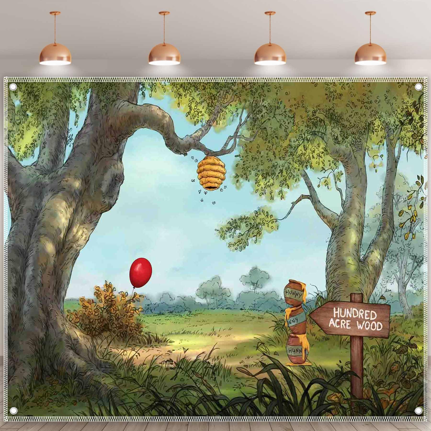 Yriujul 10x8ft Fabric Hunny Cartoon Spring Forest Photography Backdrop Hundred Sweet Honey Bear Background Bee Acre Red Balloon Wood Birthday Photo Tapestry Props