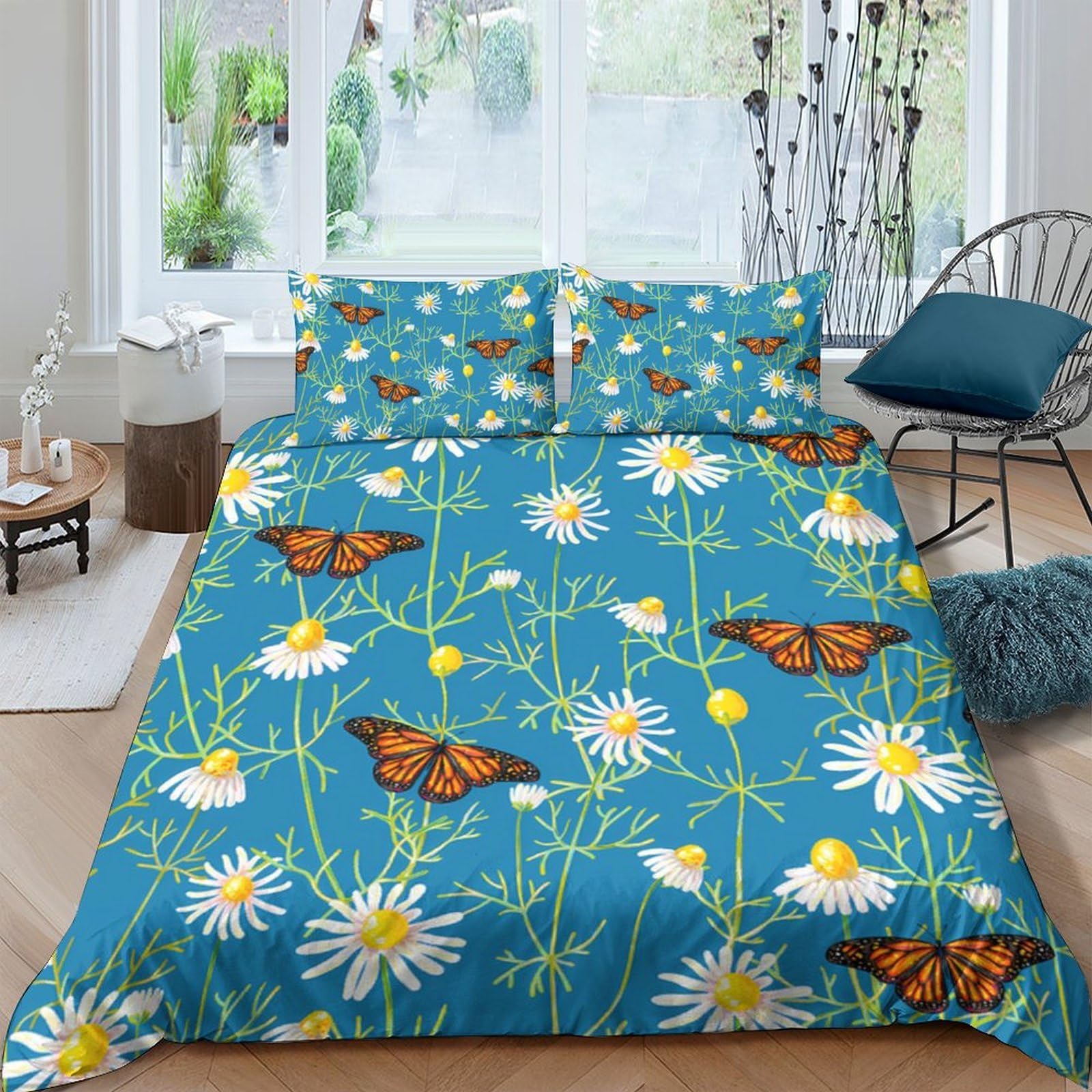 GPLZQXKJNH 3D Printed Daisy Butterfly Duvet Cover Microfiber Blue Bedding Set with 2 Pillowcases for Bedroom Decor Single（135x200cm）