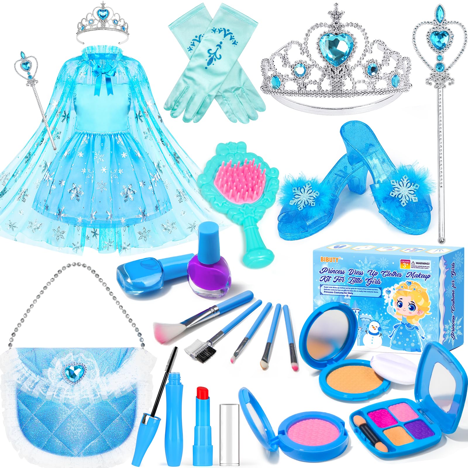 BIBUTY Pretend Play Fake Makeup Set Toy for Girls with Princess Dress Costume, Shoes, Crown - Gift for 3-6 Toddler Little Girls