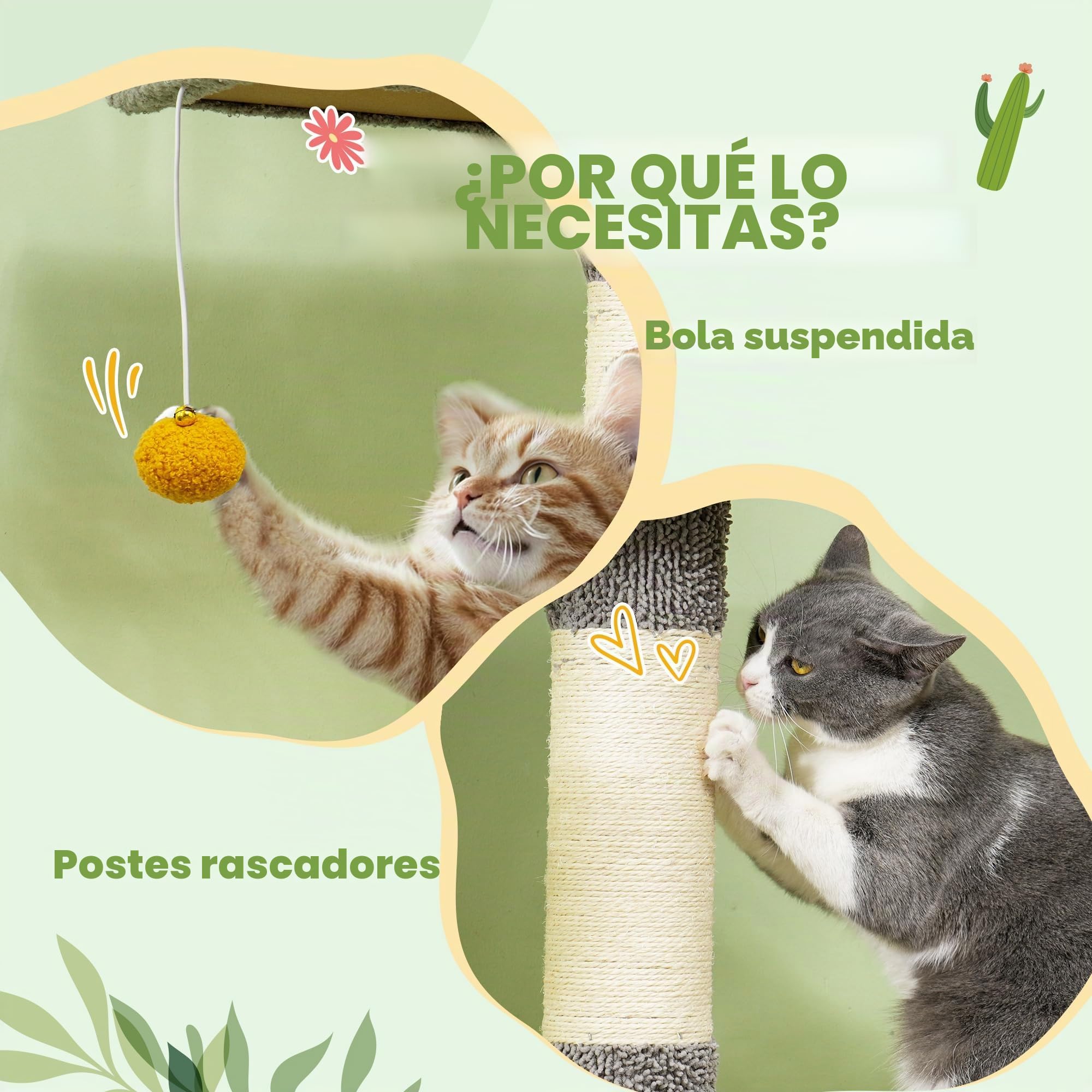 PawHut Árbol para Gatos de Suelo a Techo, Altura 275 cm, Torre de Juegos para Gatos, 6 Niveles, con Plataformas, Perrera, Hamaca, Pelota, Postes rascadores, para trepar, rascar y Jugar, Gris Claro | Torre de juegos para gatos, plataformas, nicho, pelota,