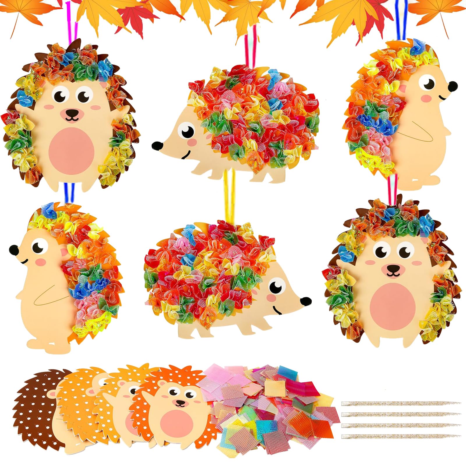 Gibocot 9 Pack Autumn Crafts for Kids - DIY Hedgehog Poke Art with Fabric & Pen Kit Creative Fall Activities for Children - Make Your Own Hedgehog Stickers & Hanging Decorations