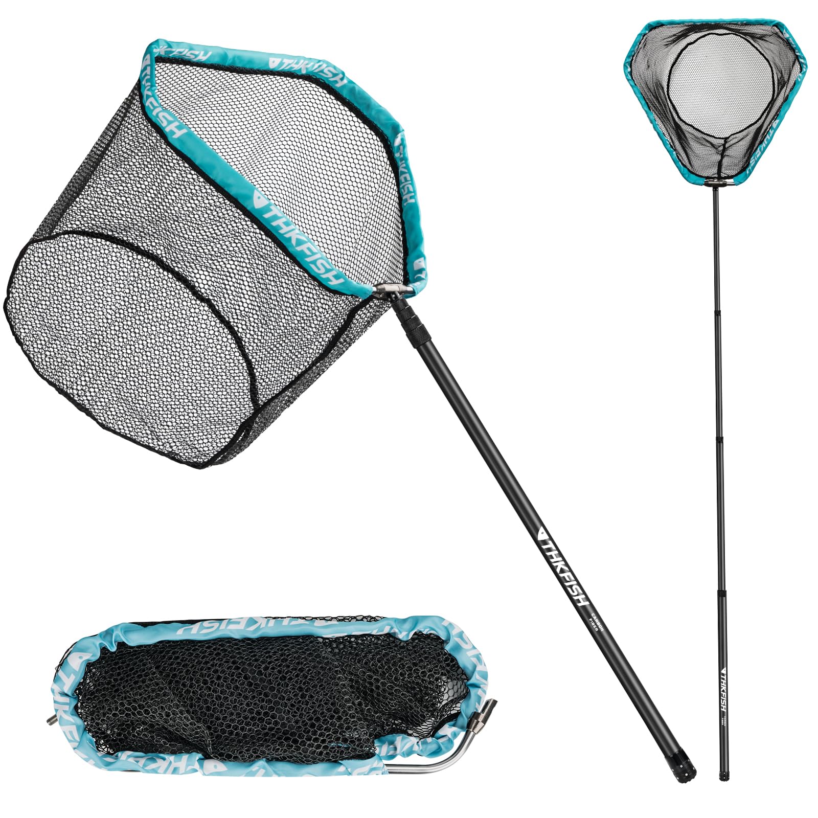 THKFISH Épuisette de pêche, épuisette de pêche en fibre de carbone avec long manche, épuisette télescopique de 210 à 400 cm, cadre en aluminium, épuisette de pêche caoutchoutée, épuisette de pêche