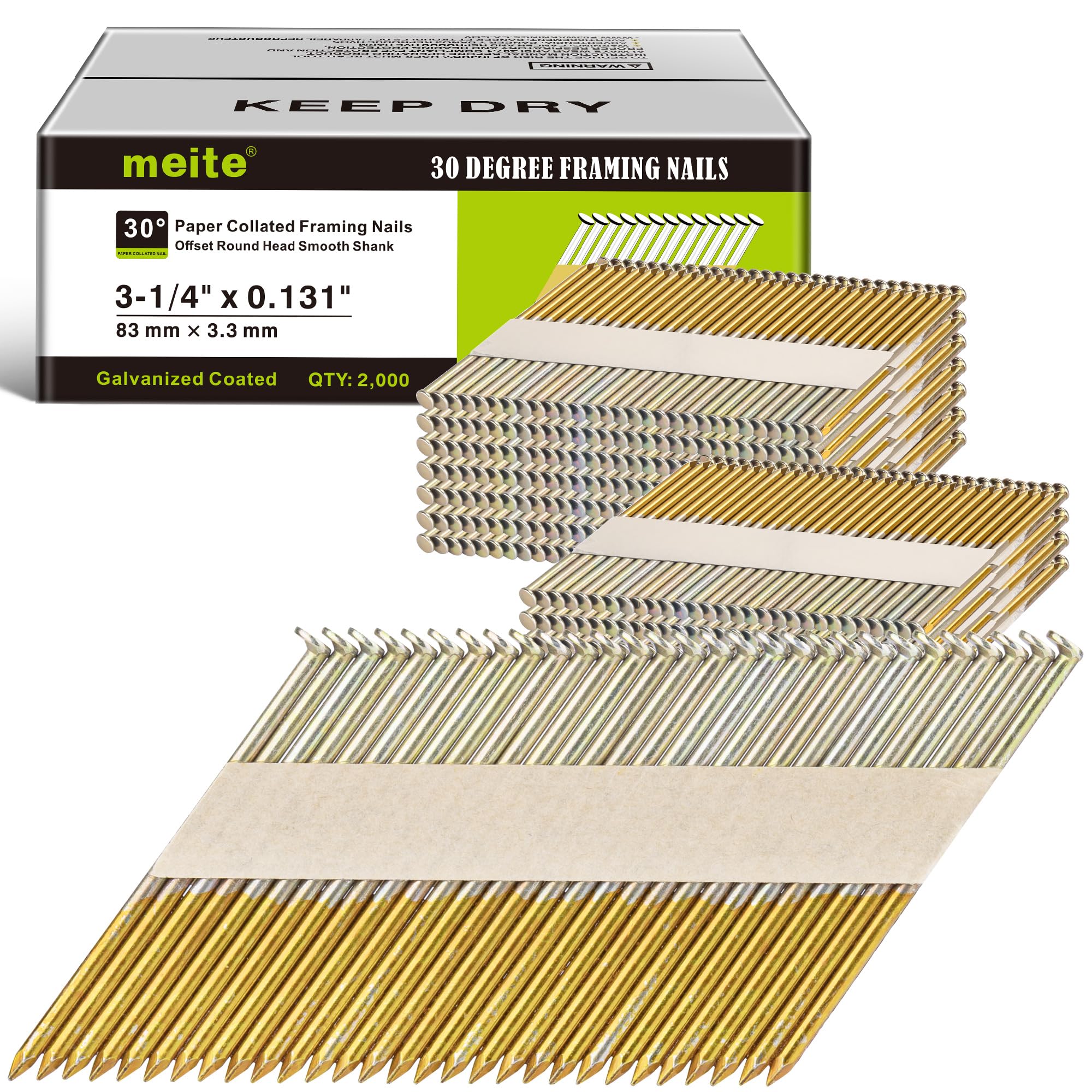 meite 30 Degree Framing Nails 3-1/4 Inch Electro-Galvanized Paper Collated Nails for 30-34 Degree Framing Nailer Gun, Offset Round Head Smooth Shank