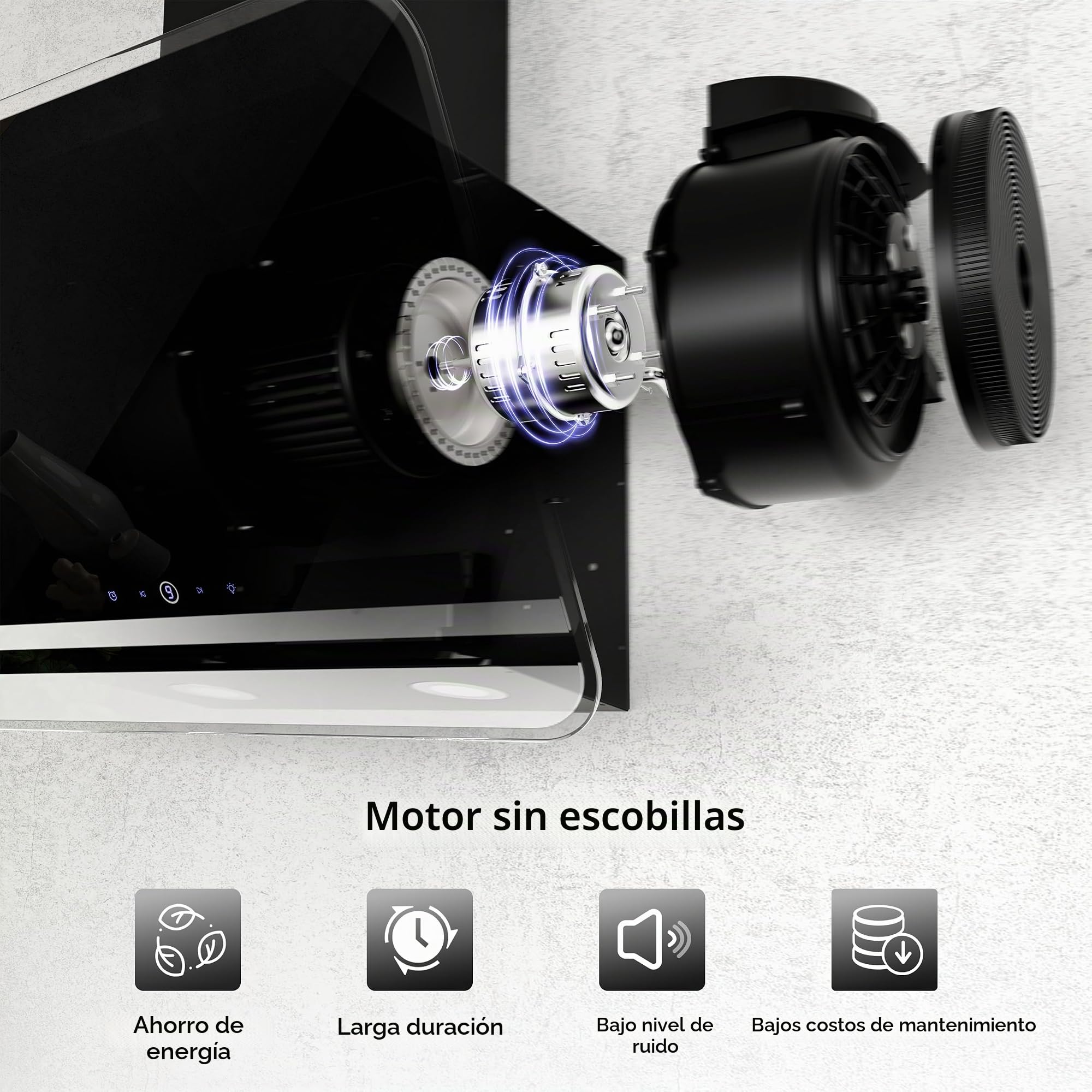 FIREGAS Campana extractora 60cm, Extractor inclinado, Motor sin escobillas, Bajo Consumo, 9 velocidades, 578m³/h, LEDs, Recirculante y Extracción, Incluye filtro de carbón