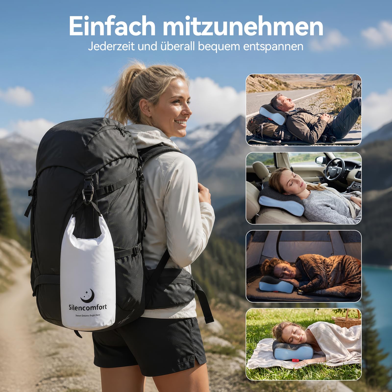 Cuscino da Viaggio in Memory Foam, Compatto Cuscino Campeggio per Dotato di Federa Rinfrescante, Cuscinos Cervicale Ergonomico per Camper, Tenda, Attività all'Aperto e Viaggi di Lavoro