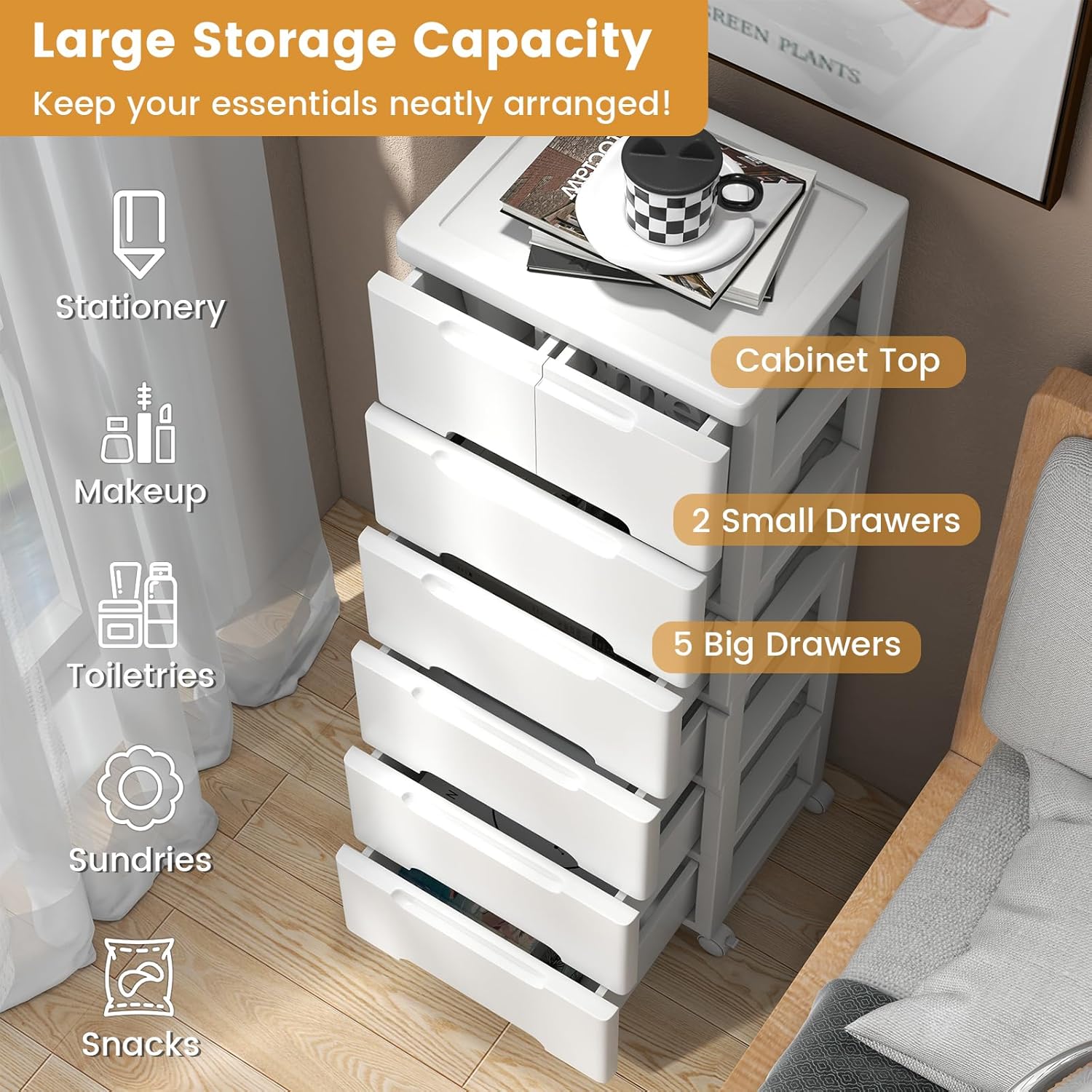 LOKO 7-Drawer Plastic Rolling Storage Cart, Mobile Storage Cabinet with 4 Universal Wheels, Vertical Storage Tower Container Unit for Living Room, Home Office, White (16”x13"x45” (7 Drawers))