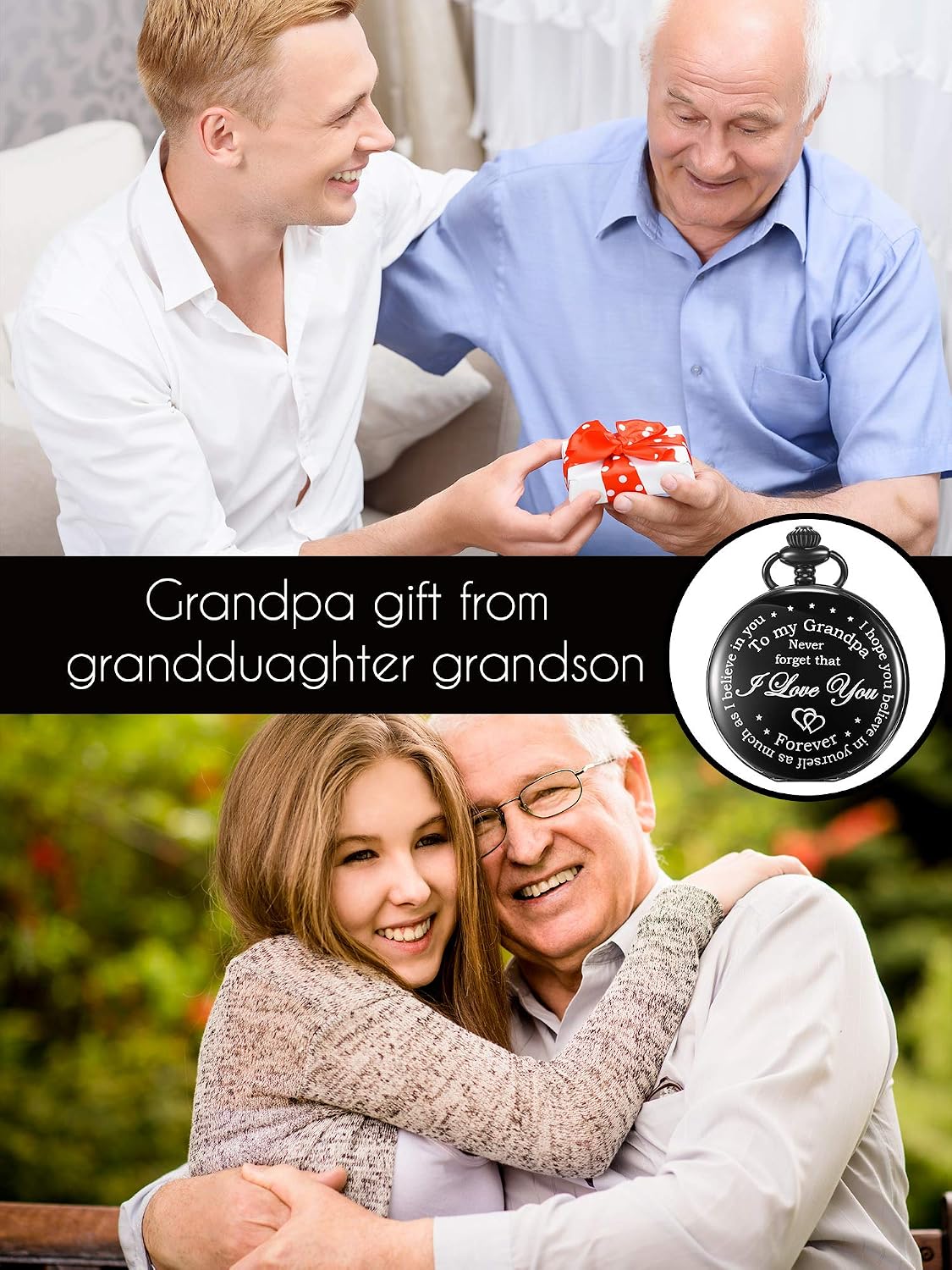 Hicarer Grandfather Pocket Watch for Father's Day Christmas Birthday, Personalized Gift for Grandfather, Never Forget That I Love You