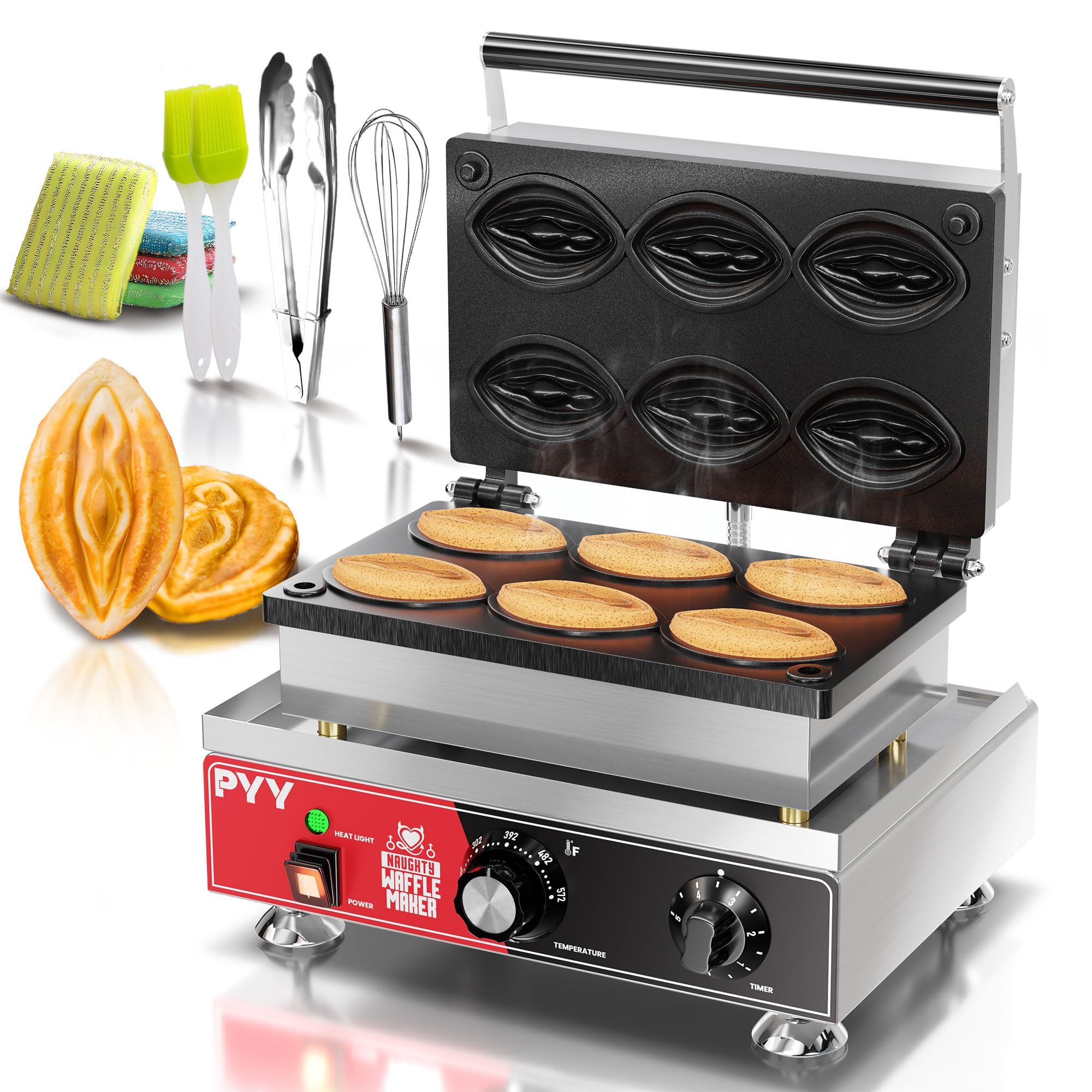 PYY Commercial Waffle Maker - 6pcs Strange Shape Abalone Waffle Iron Machine, Non-stick Coating, Electric Stainless Steel Double Sided Removable Plates, 1600W, 122-572℉ Temp Control