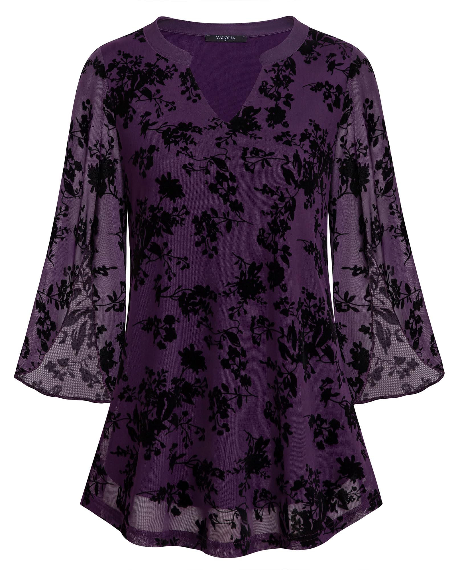 VALOLIA Women's 3/4 Sleeve Floral Tunic Tops V Neck Double Layers Loose Fit Mesh Blouses Shirt