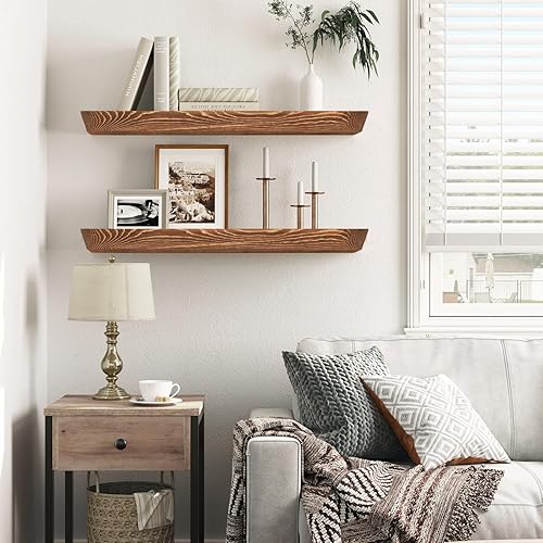 Miniatura 8 de Paquete de 2 estantes flotantes inclinados de 24 x 6.8 x 1.6 pulgadas, acabado marrón rústico, diseño de madera maciza resistente con soportes