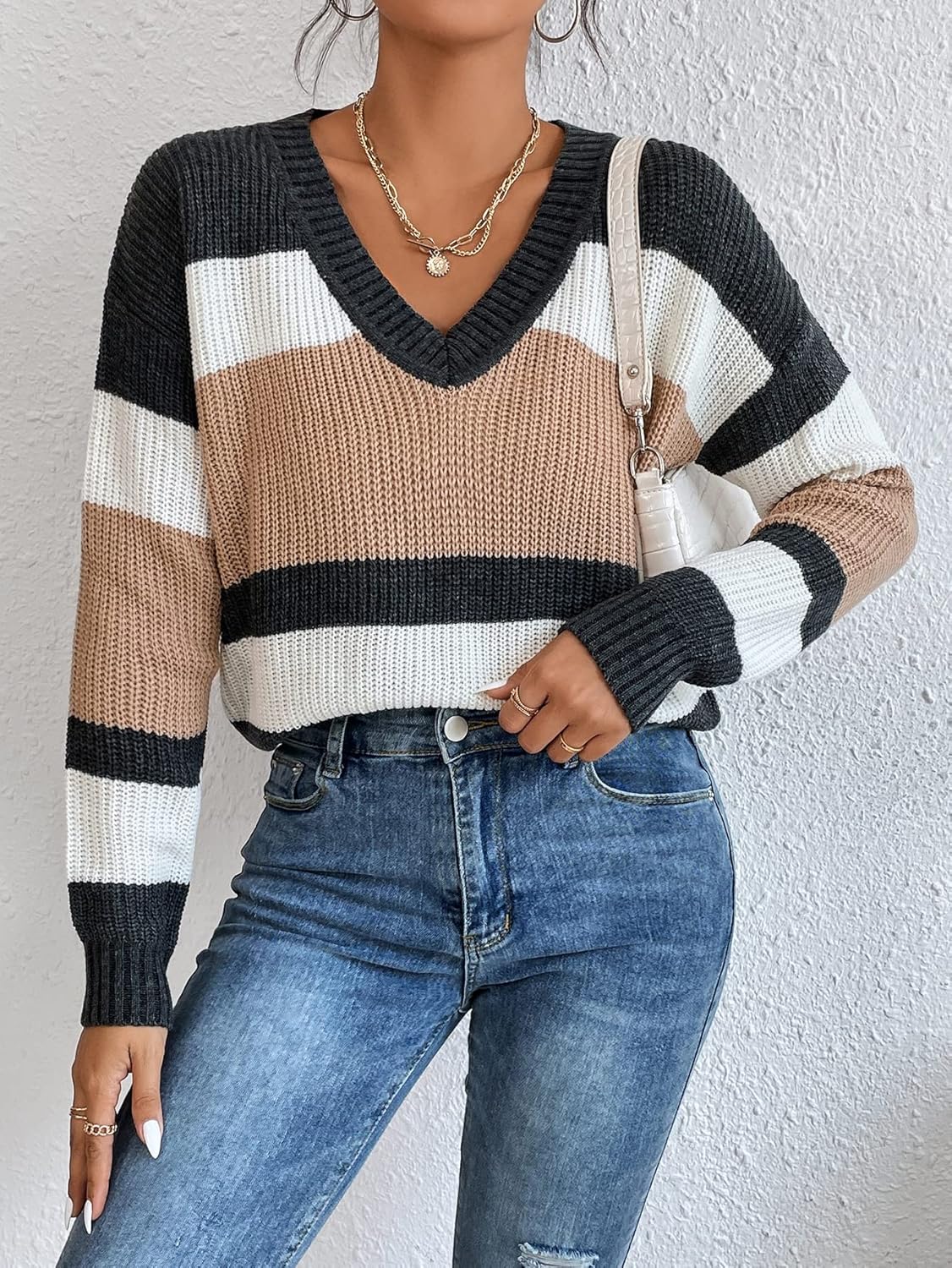 Women's Sweater Color Block Drop Shoulder Sweater Sweater for Women (Color : Multicolor, Size : Small)