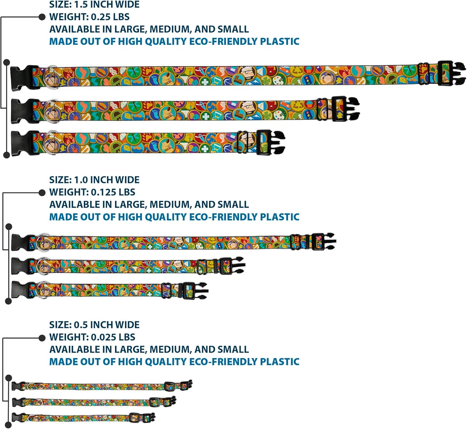 Buckle-Down Plastic Clip Collar - Stacked Wilderness Explorers Badges - 1.5" Wide - Fits 13-18" Neck - Small