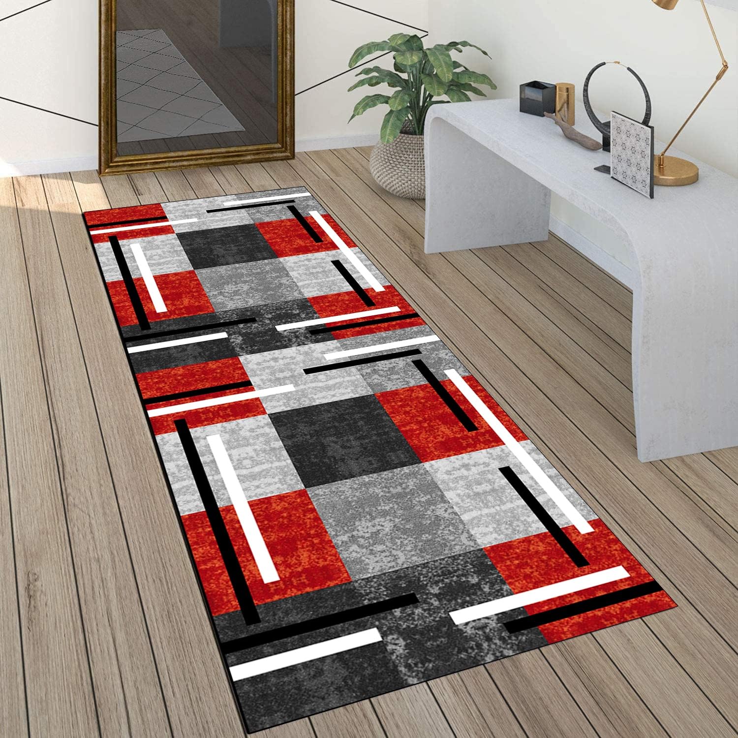 Alfombra de cocina lavable y pasillera ajustable en color gris y rojo de estilo vintage