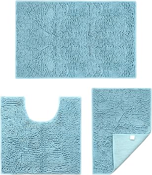 Faylapa 3 Pieces Bathroom Rugs Set, Non Slip Bathroom Mat Set, Light Blue