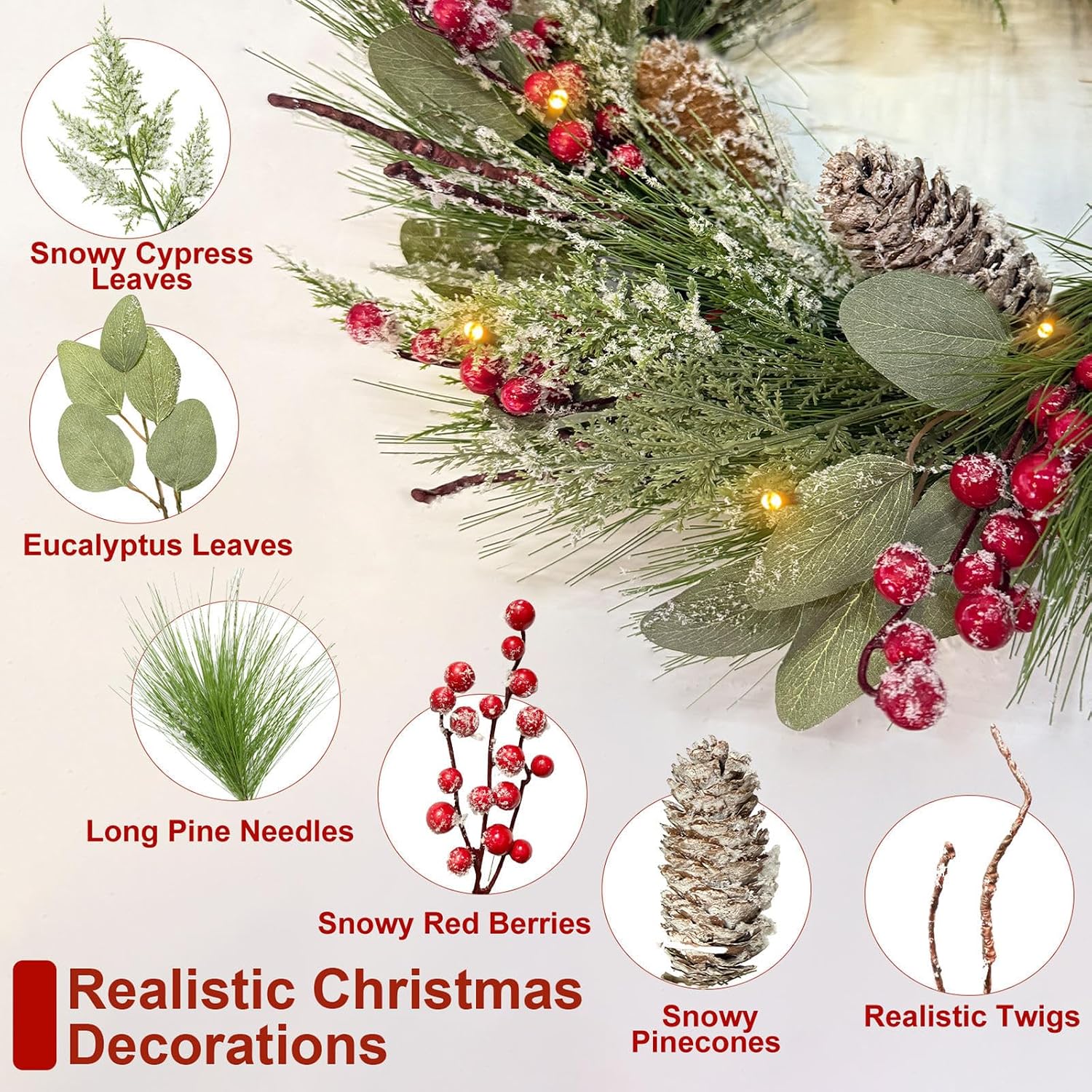 Timer - 20 Inch Flocked Christmas Wreaths for Front Door, Lighted Christmas Wreath with 30 Lights Pine Needles Eucalyptus Cypress Leaves Pinecone Red Berries Xmas Wreath for Home Outdoor Indoor Winter