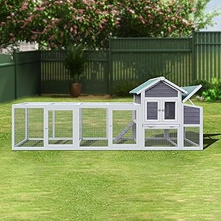 Gray Wooden Chicken Coop with Run – Durable Fir Wood Outdoor Hen House, Waterproof Roof, Nesting Box & Perch, Predator-Proof Design, Sliding Tray for Easy Cleaning (Fits 3-4 Chickens/Ducks/Rabbits)