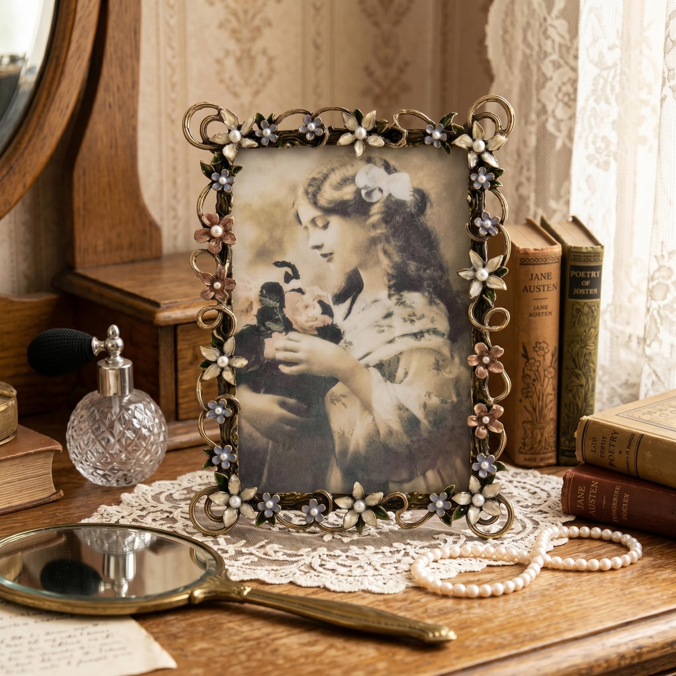 Floral Picture Frames, Enamel Decorative Picture Frames Vintage Ornate Metal Flower Frame for Home & Office Tabletop Display, 6X4 Inch, Summer Decor