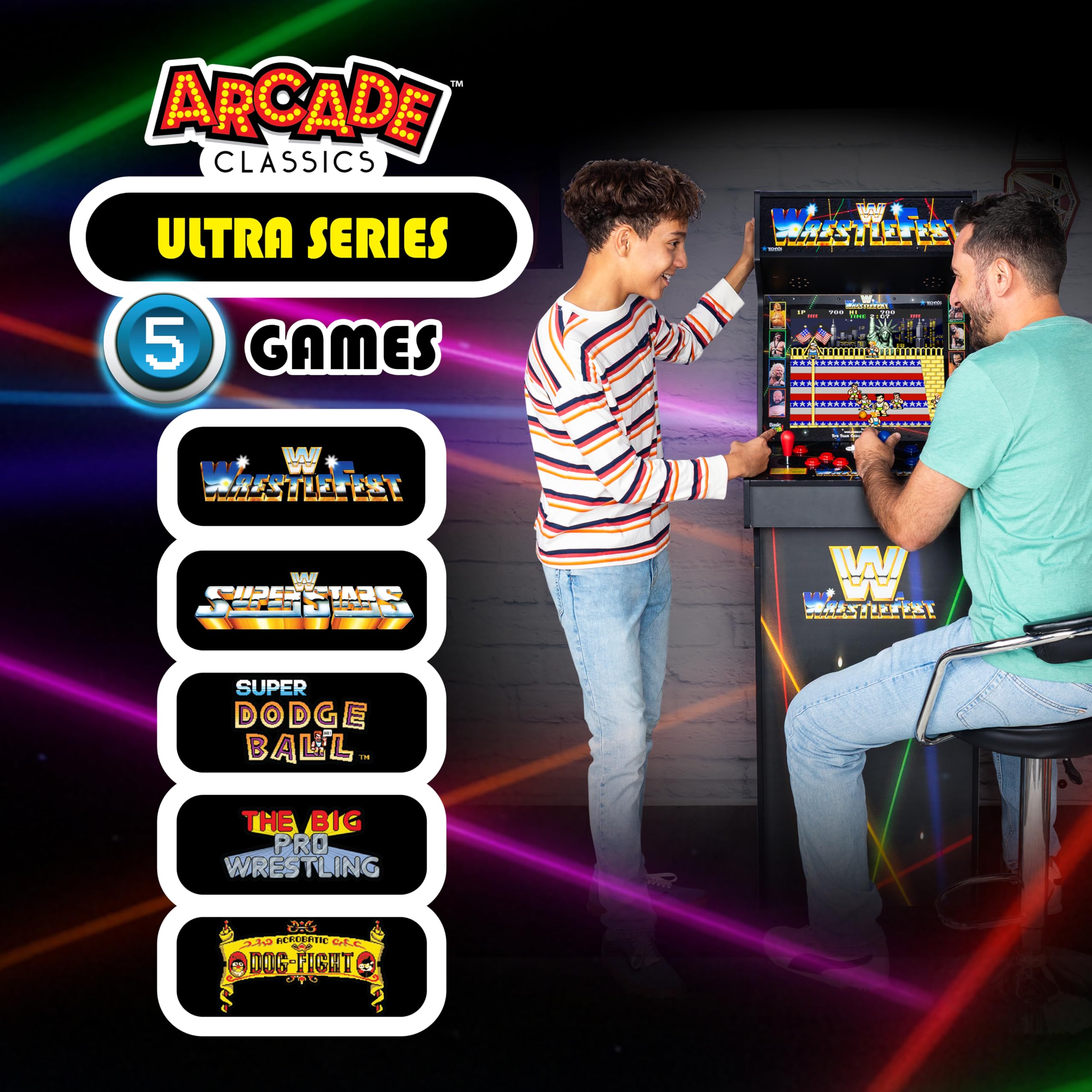 Arcade Classics Maszyna do gier WWE Ultra Series z ekranem ciekłokrystalicznym 17 cali i 5 grami - klasyczna konsola do szafek wewnętrznych do gier domowych i piwnic