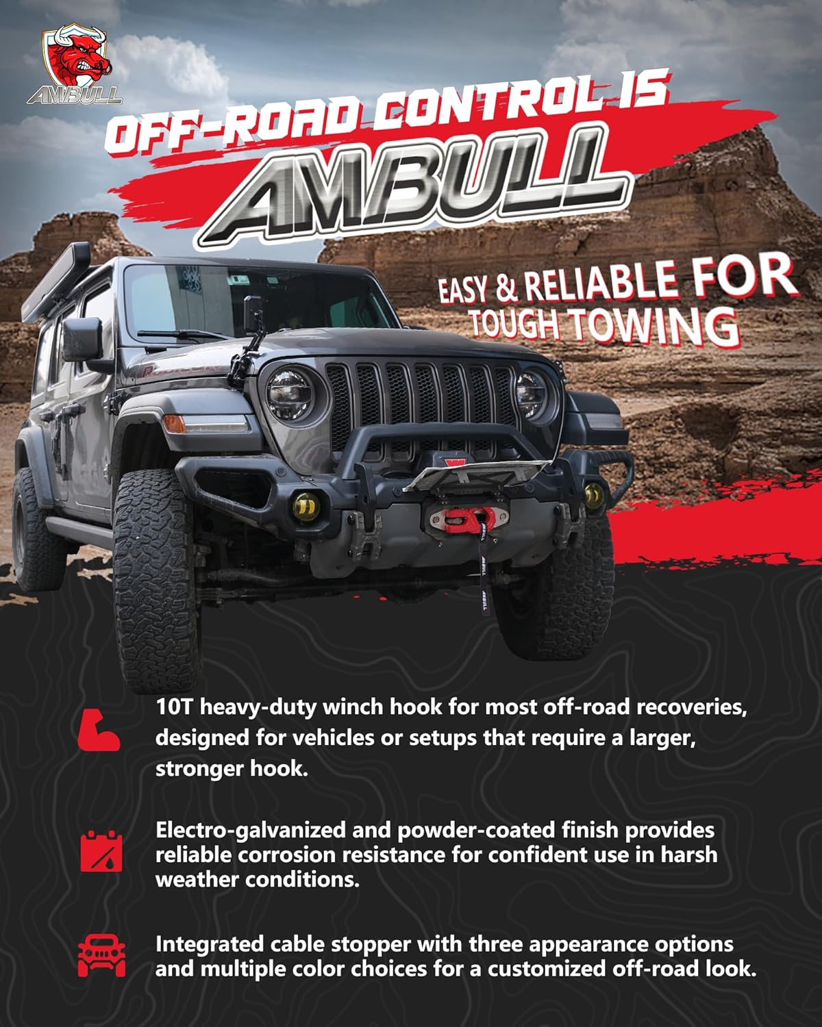 3/8" Tow Winch Hook with Cable Stopper, 10T Winch Hook, Upgrade Heavy Duty Forged Steel Winch Hook, 31967lbs Max Strength, Clevis Clip Hook Set for Synthetic Rope, Off-Road Vehicle, Red - Image 6