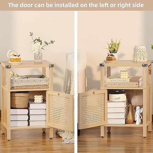 Miniatura 4 de Lerliuo Mesita de noche de ratán, mesa auxiliar bohemia con puerta decorada de ratán natural hecha a mano y estante abierto, mesita de noche de