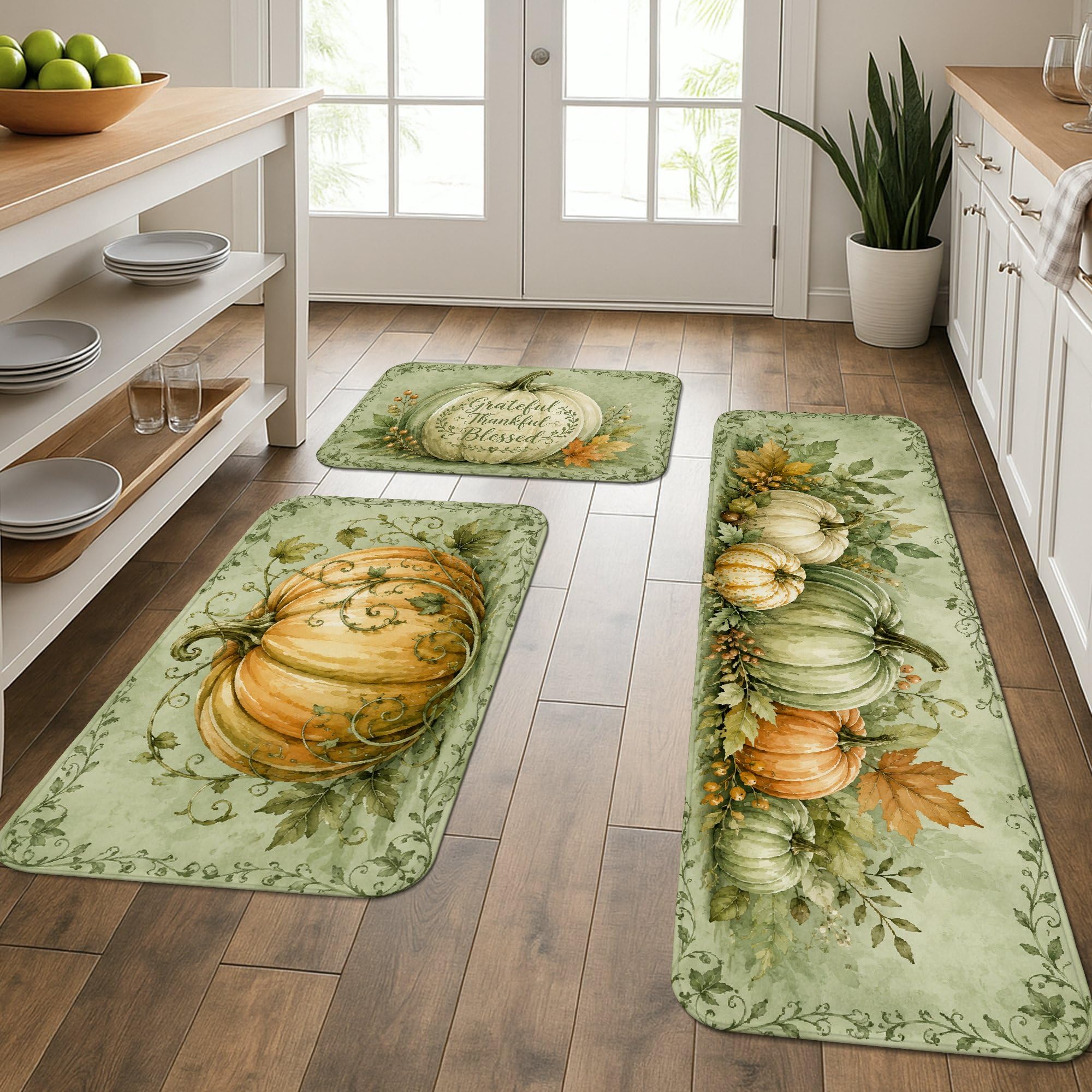 Tapis de cuisine rustiques lavables en vert automne doux au tissage haute densité