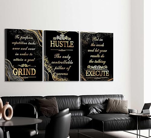 Miniatura 5 de 3 piezas de lienzo inspirador de oro negro para oficina, arte de pared, motivacional, moler ajetreo, ejecución, fotos inspiradoras, decoración de