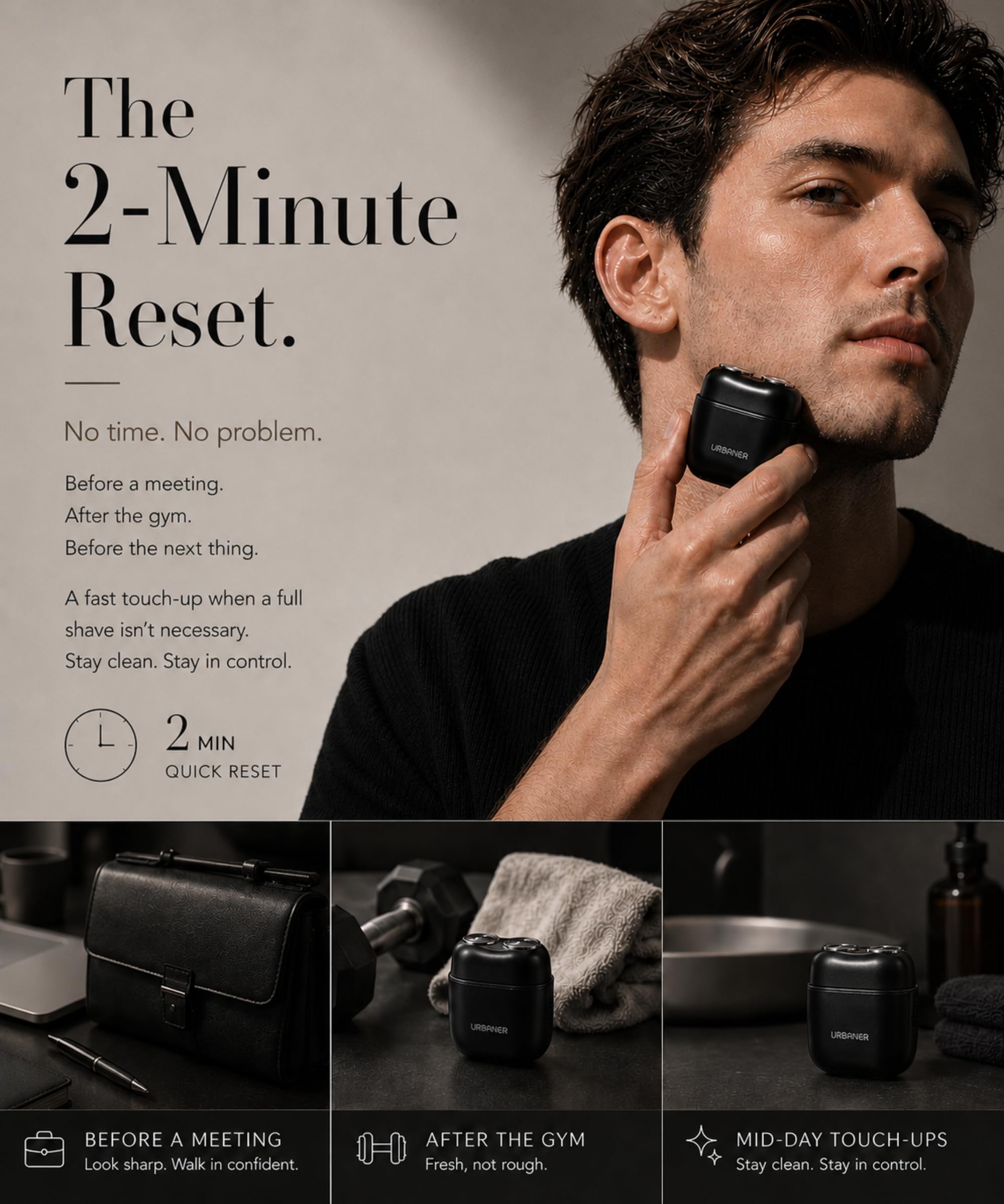 URBANER Mini rasoio, rasoio portatile da uomo, rasoio da viaggio da uomo, mini rasoio elettrico, doppia testa rotante, testa magnetica, impermeabile IPX6, ricaricabile USB-C, 85 g, nero opaco