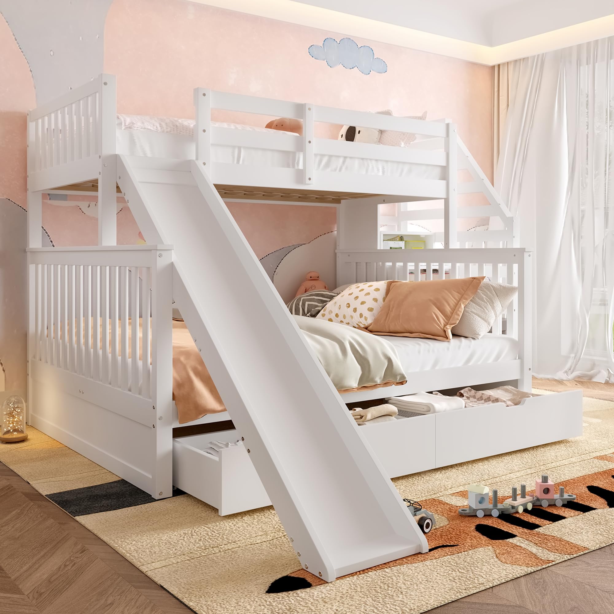 SACOOL Letto a castello 90x200 sopra 140x200 con cassetti portaoggetti e scivolo multifunzionale bianco