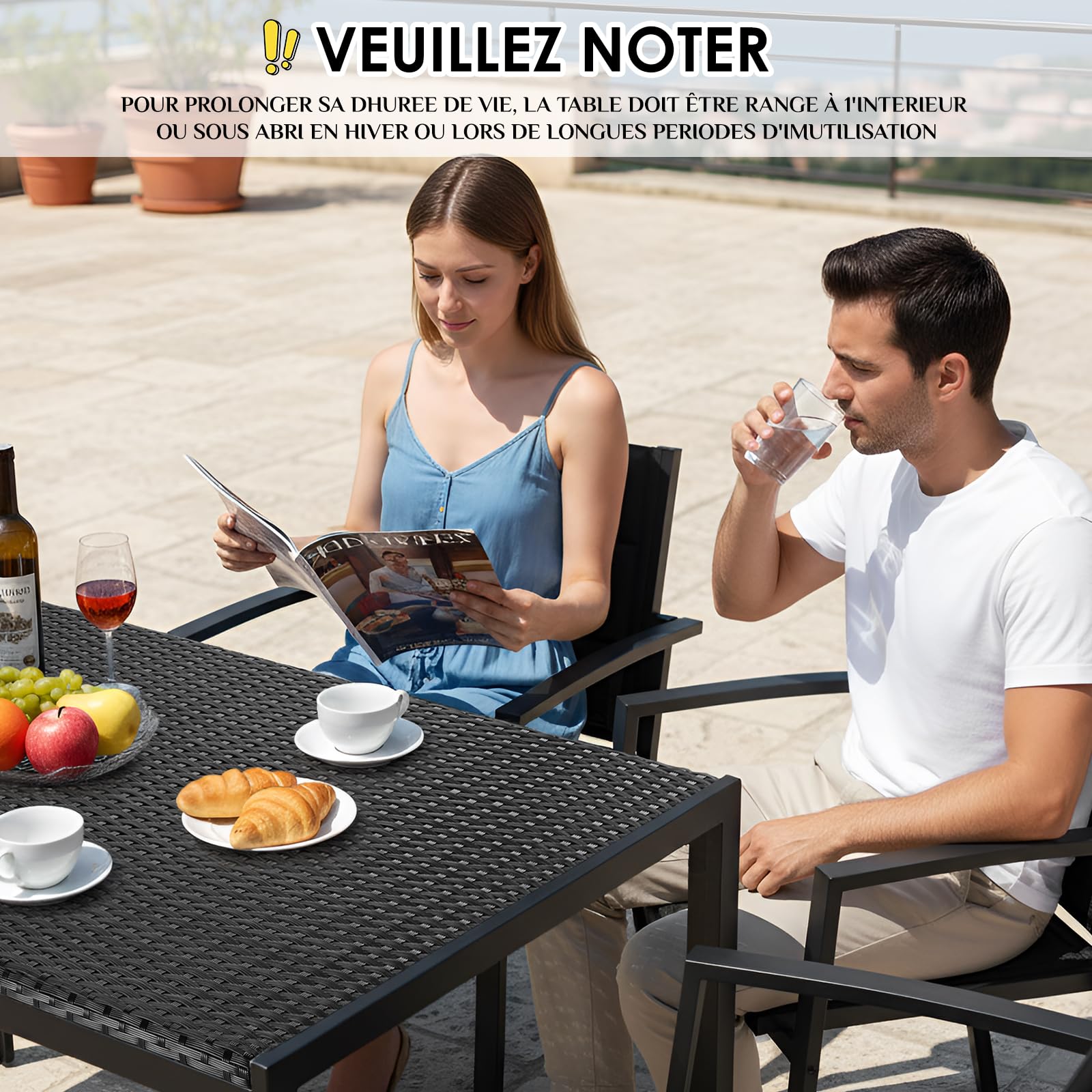 LIFERUN Table de Jardin 6 Personnes Rectangulaire en PE Rattan, 119 x 74 cm | Table en Métal pour Salle et Balcon, Résistante aux Intempéries, Plateau Spacieux, pour Terrasse, Extérieur/Intérieur (Noir)