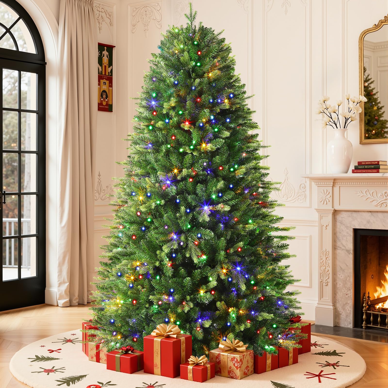 SHareconn PE+PVC Árbol de Navidad con Luces Incorporadas, Arbol de Navidad Realista con 900 Ramas Ajustables, 270 Luces LED de Colores, 12 Modos de Iluminación, Soporte de Metal Plegable, 180 cm