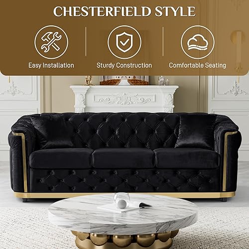 Miniatura 5 de Juego de sofá de terciopelo de lujo, sofá negro y dorado, moderno de mediados de siglo, sofás Chesterfield copetudos y patas doradas, juego de 2