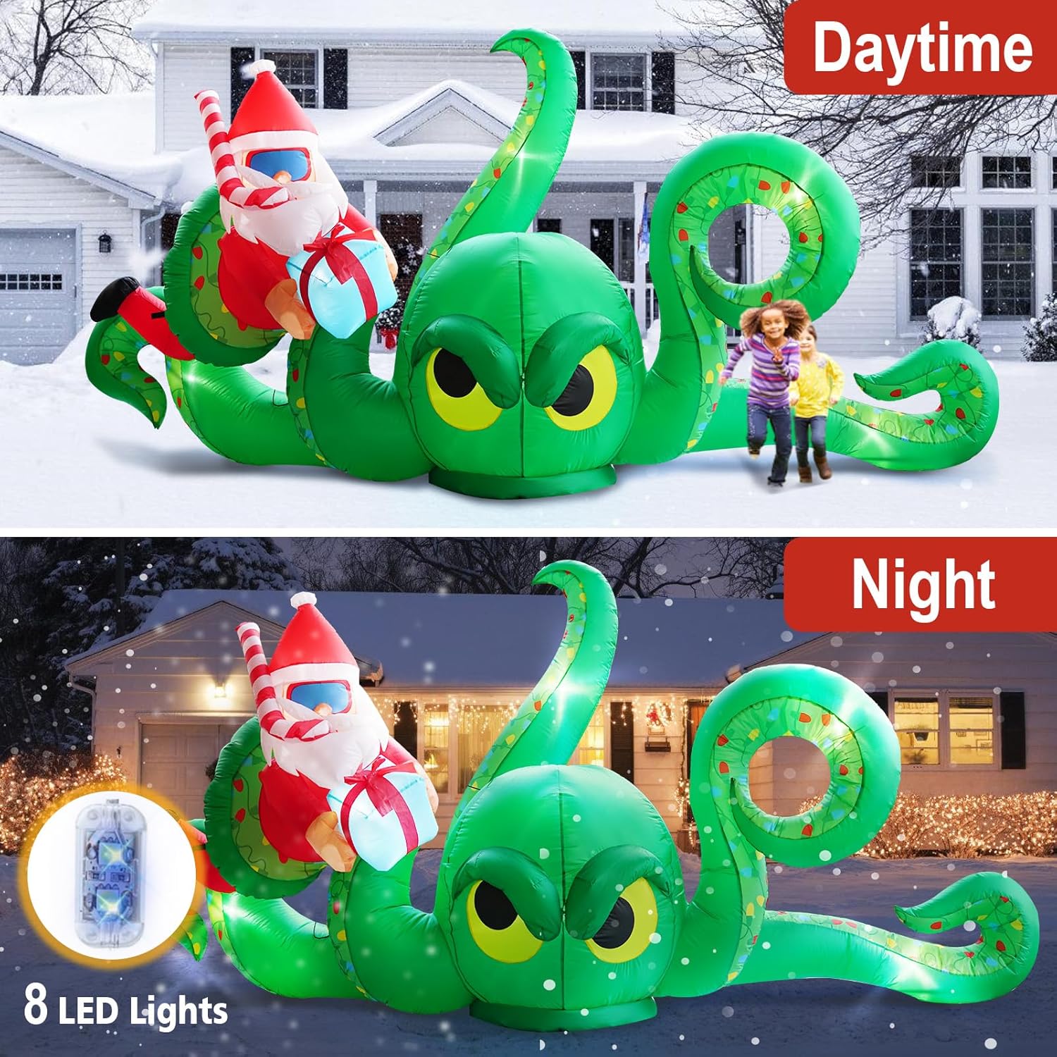 12FT Christmas Inflatables Green Octopus with Santa and Gift Box, Christmas Blow up Yard Decoration Inflatable Deer Built-in 8 LED for Christmas Decorations Outdoor Indoor Xmas Gifts