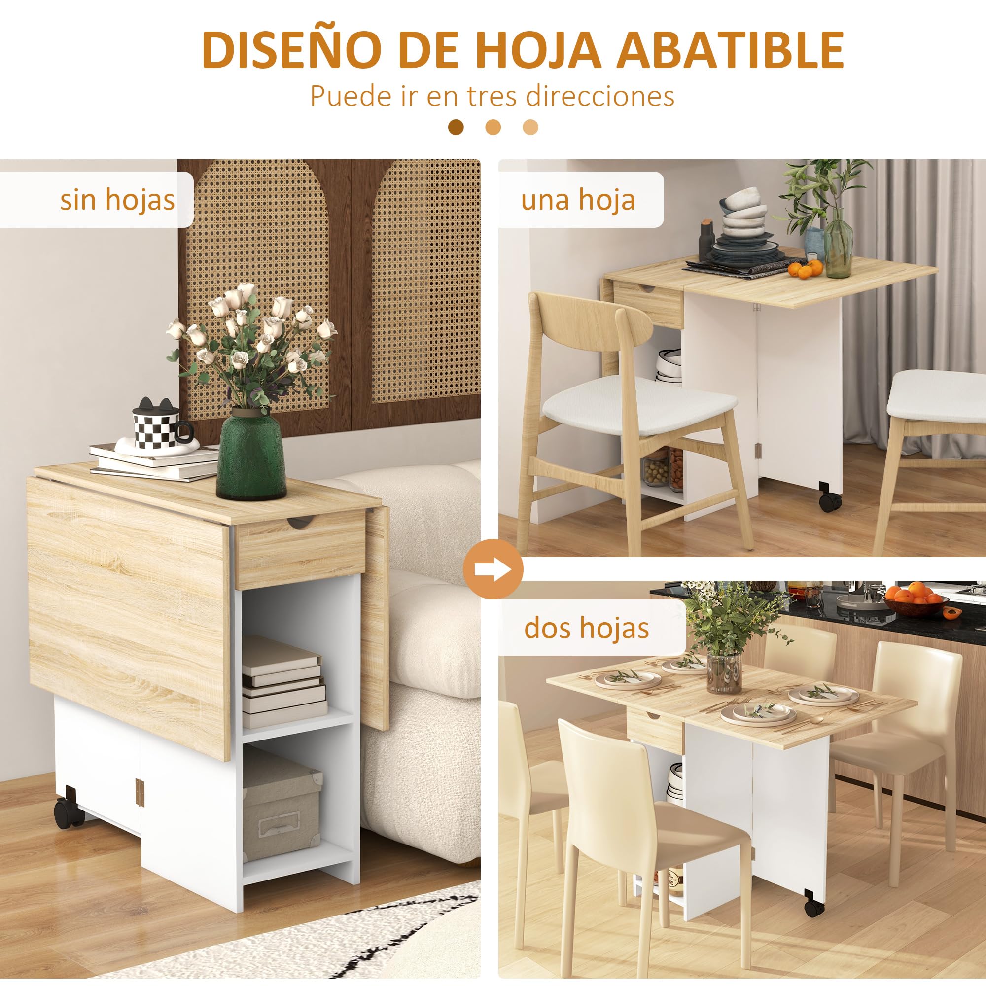 HOMCOM Mesa Plegable de Comedor Mesa de Cocina Plegable con Ruedas Alas Abatibles Cajón y Estantes para 2-4 Personas 120x72x75 cm Roble y Blanco