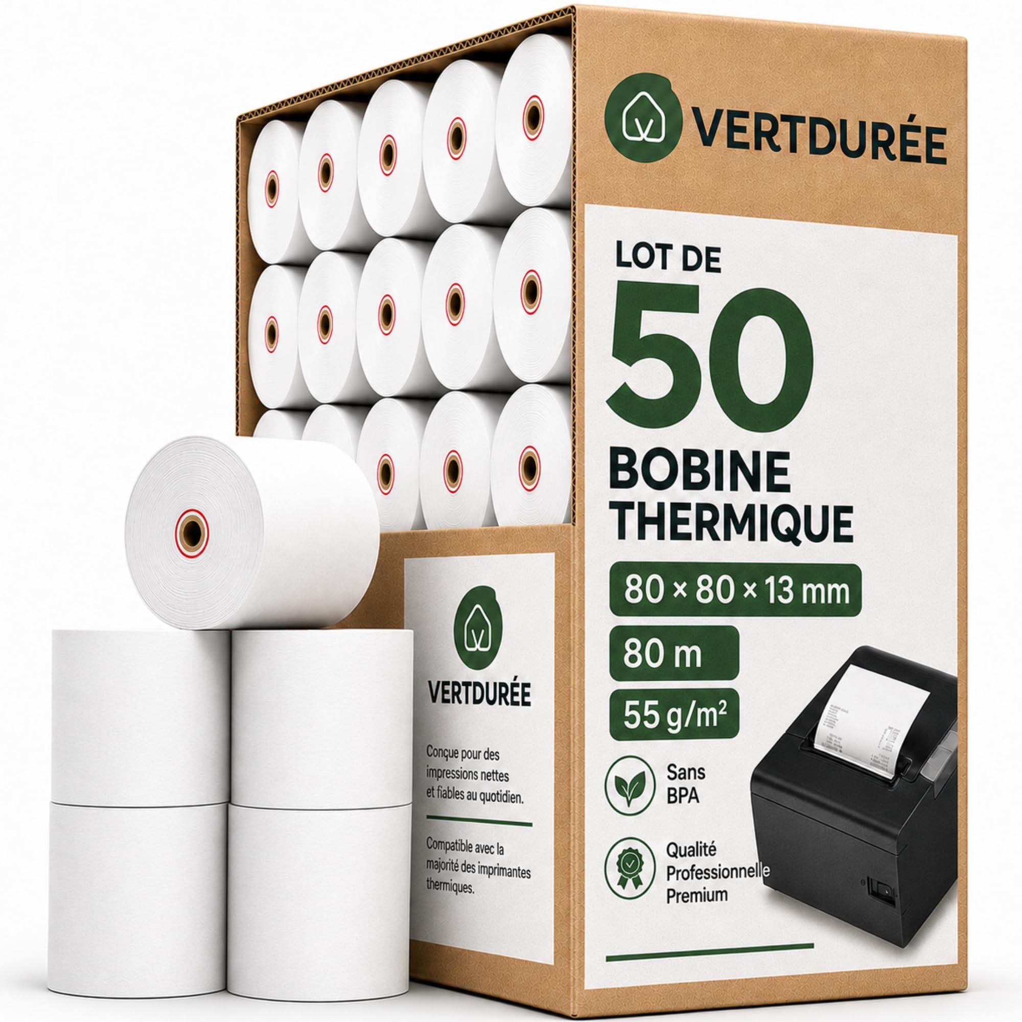 Zestaw 50 rolek papieru termicznego 80 × 80 × 13 mm bez BPA - szpule kasowe, drukarka biletów, wpływy, restauracja, sklep, handel i punkt sprzedaży