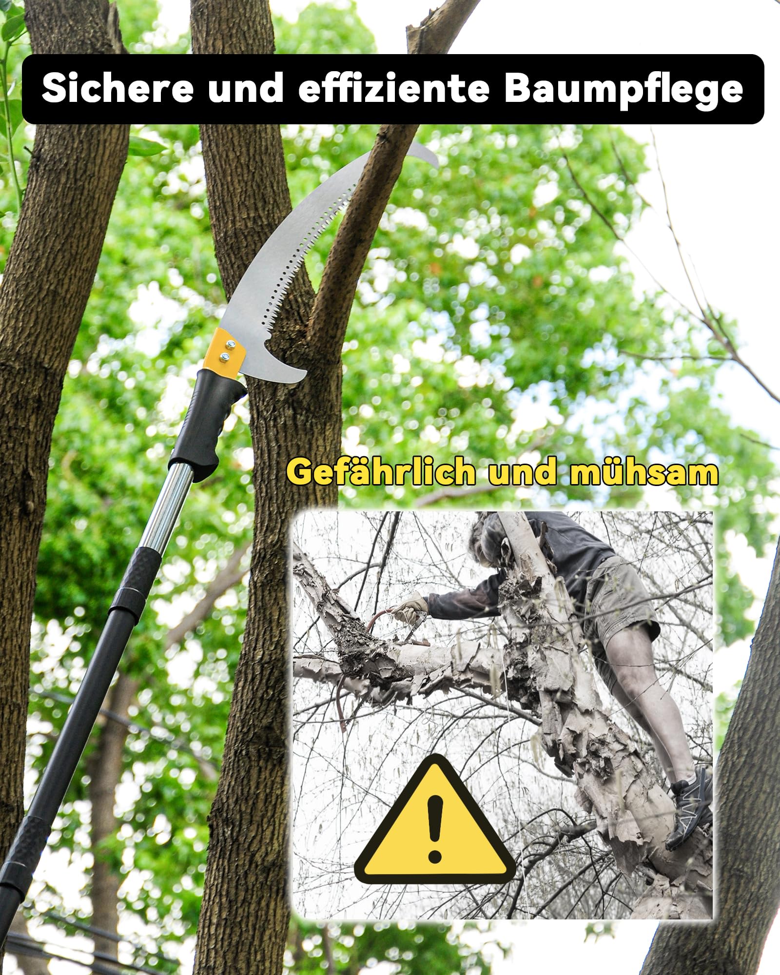 Astsägen mit Stiel zum Baumschnitt 4,3M Leichtgewichtige manuelle Edelstahlverlängerung, hohe Baumsäge mit Klinge für Trimmer, Äste, Baumschneider bei Forstwirtschaft, Hof, Garten und