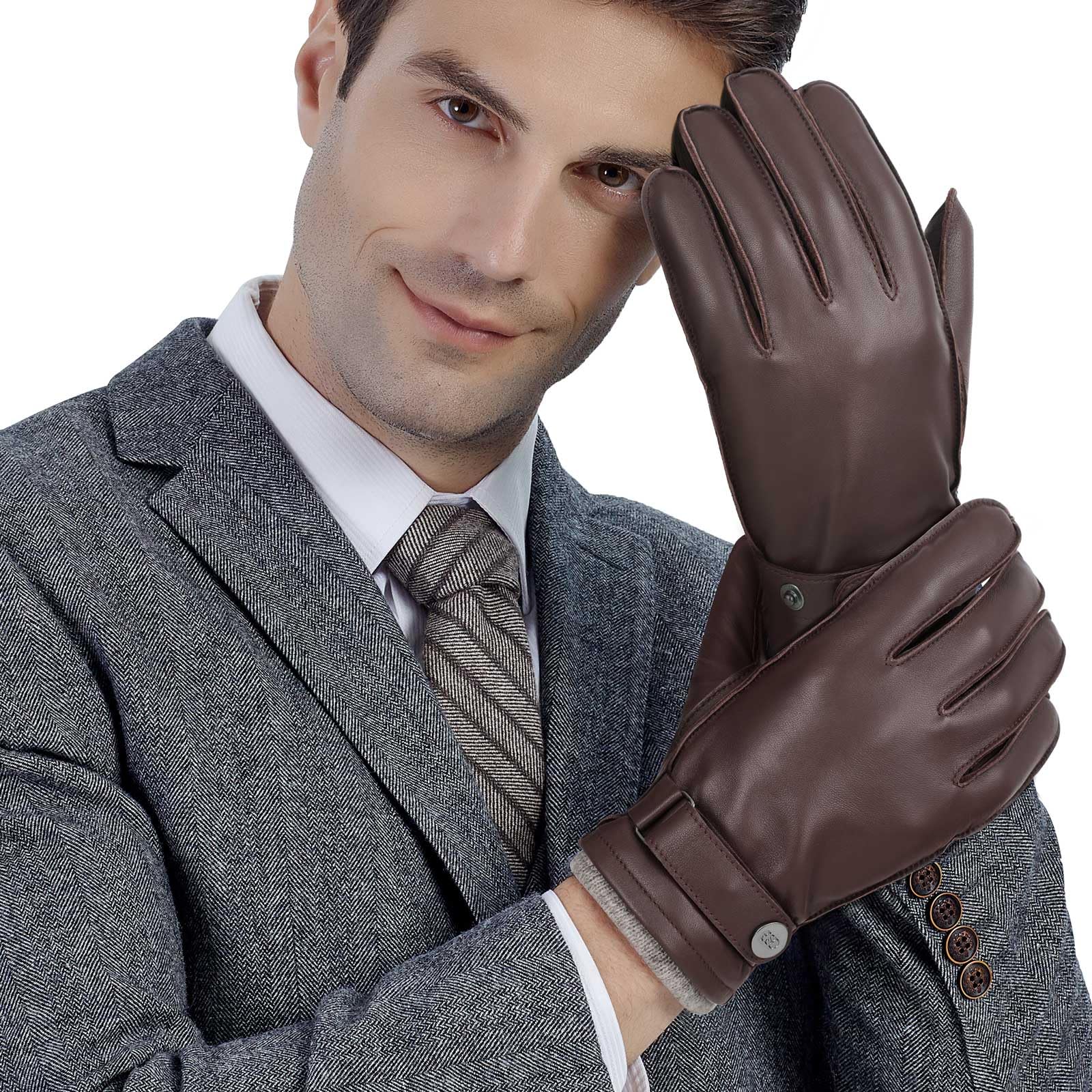 GSG SINCE 1998 Guantes de Cuero Hombre | Piel de Oveja, Compatibles con Pantalla Táctil, Forro de Lana, Guantes de Invierno Cálidos para