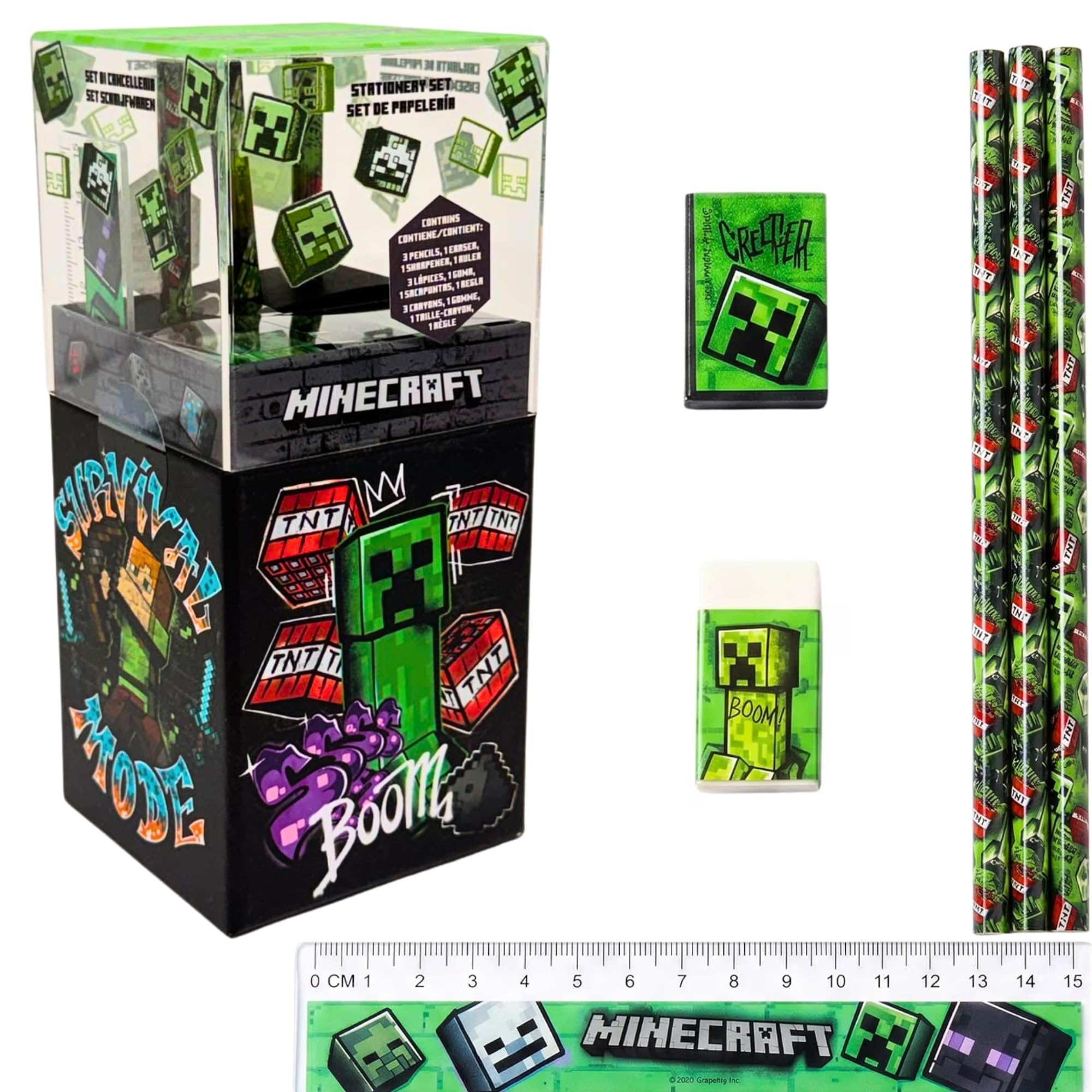 SRV Hub Minecraft Desk Caddy Stationery Set, 3 Pencils, Eraser, Sharpener and Ruler, School Supplies for Kids and Students, Back to School Stationery Desk Organiser, Gamer Gift, 7 Pieces Set