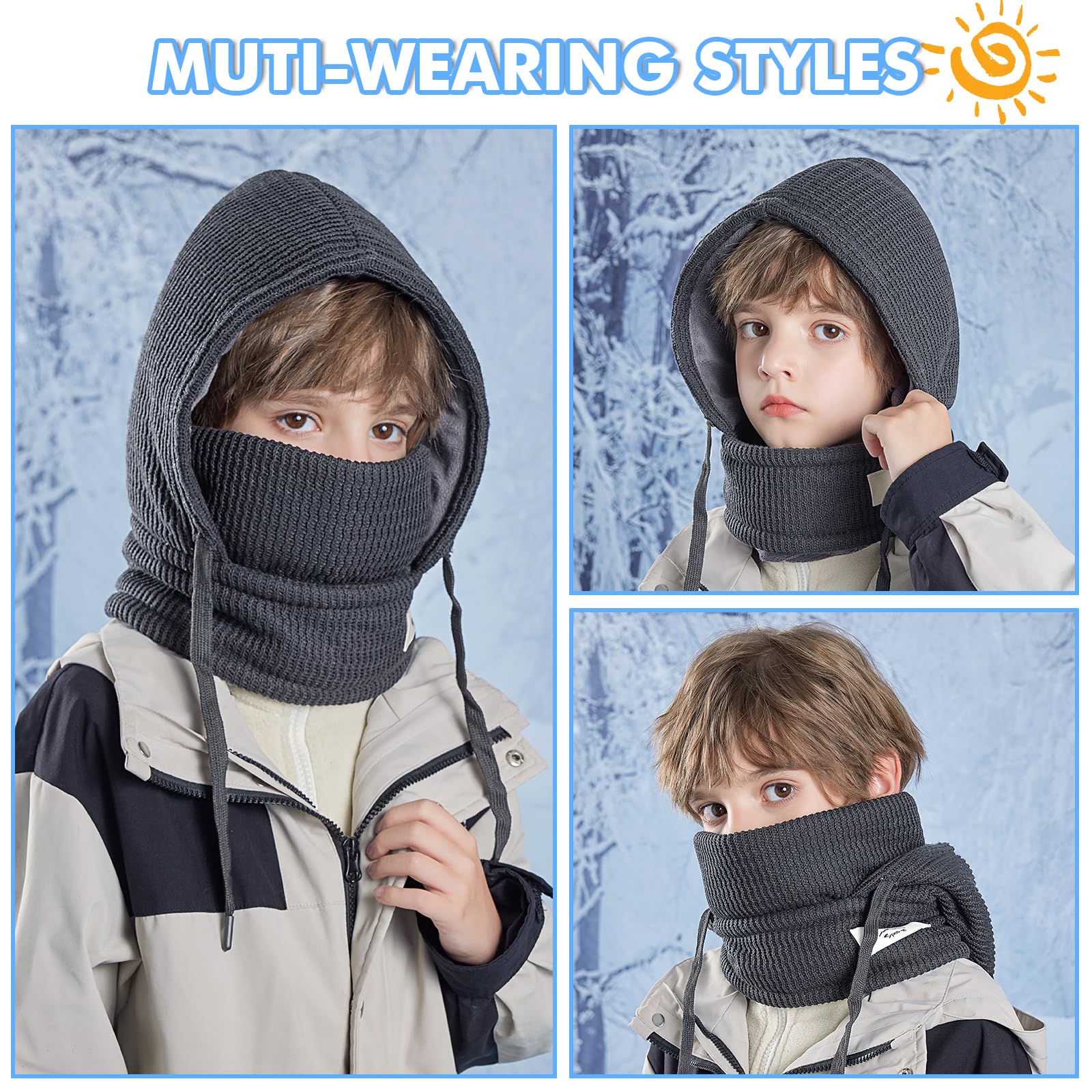 Cagoule d'hiver Thermique pour Enfants 4-10Ans, Multifonction Coupe-Vent Masque de Ski, Bonnet Tricoté Doublure Polaire Chaude Casquette Cache-Cou Tour de Cou écharpe Garçons Filles Plein Air