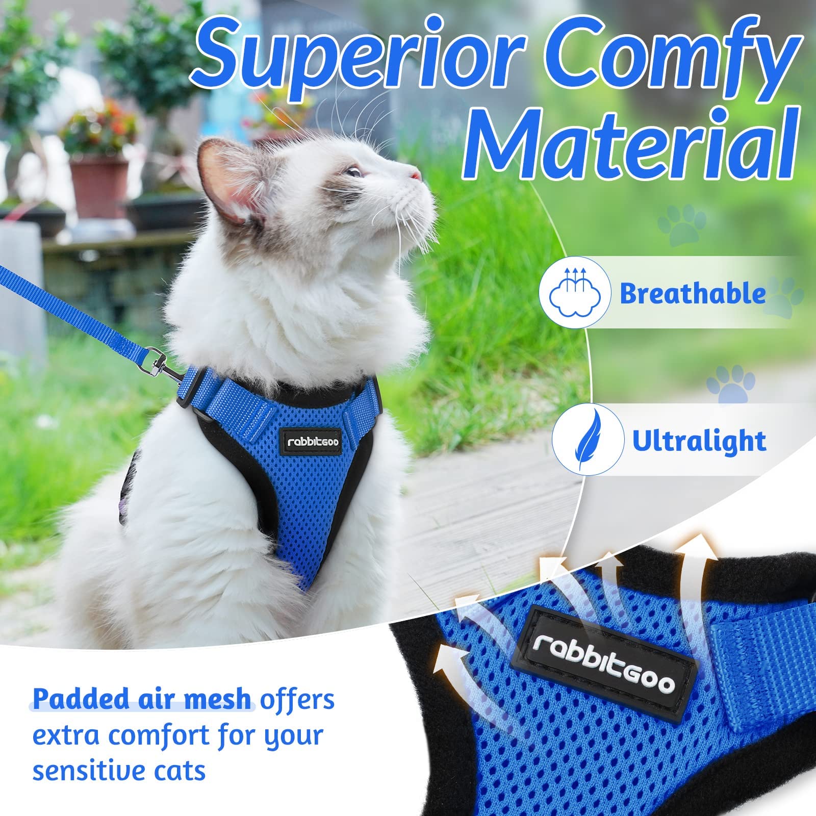 rabbitgoo Pettorina Gatto Antifuga con Guinzaglio, Guinzaglio per Gatti Regolabile, Pettorina Cane Taglia Piccola Riflettente, Imbracatura Gatto Adulto in Maglia Traspirante per Passeggiate, Blu, XXS